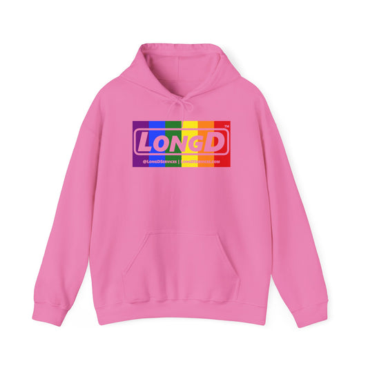 LongD® Logo Hoodie with Pride rainbow negative text