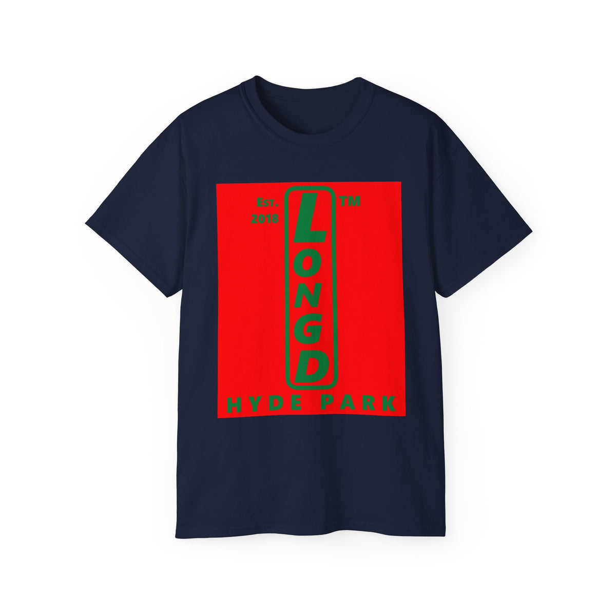 LongD Hyde Park upright logo positive green on negative red (Xmas colors) cotton tee