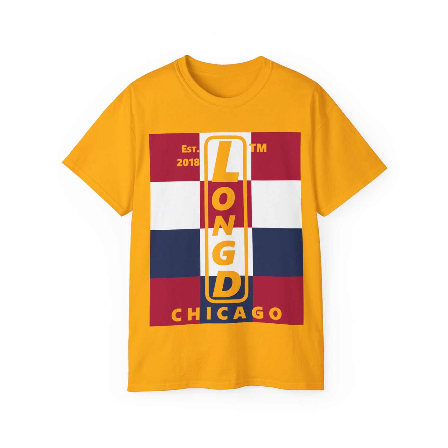 LongD cotton tee negative 4x3 Chicago upright logo (Patriotic colors)