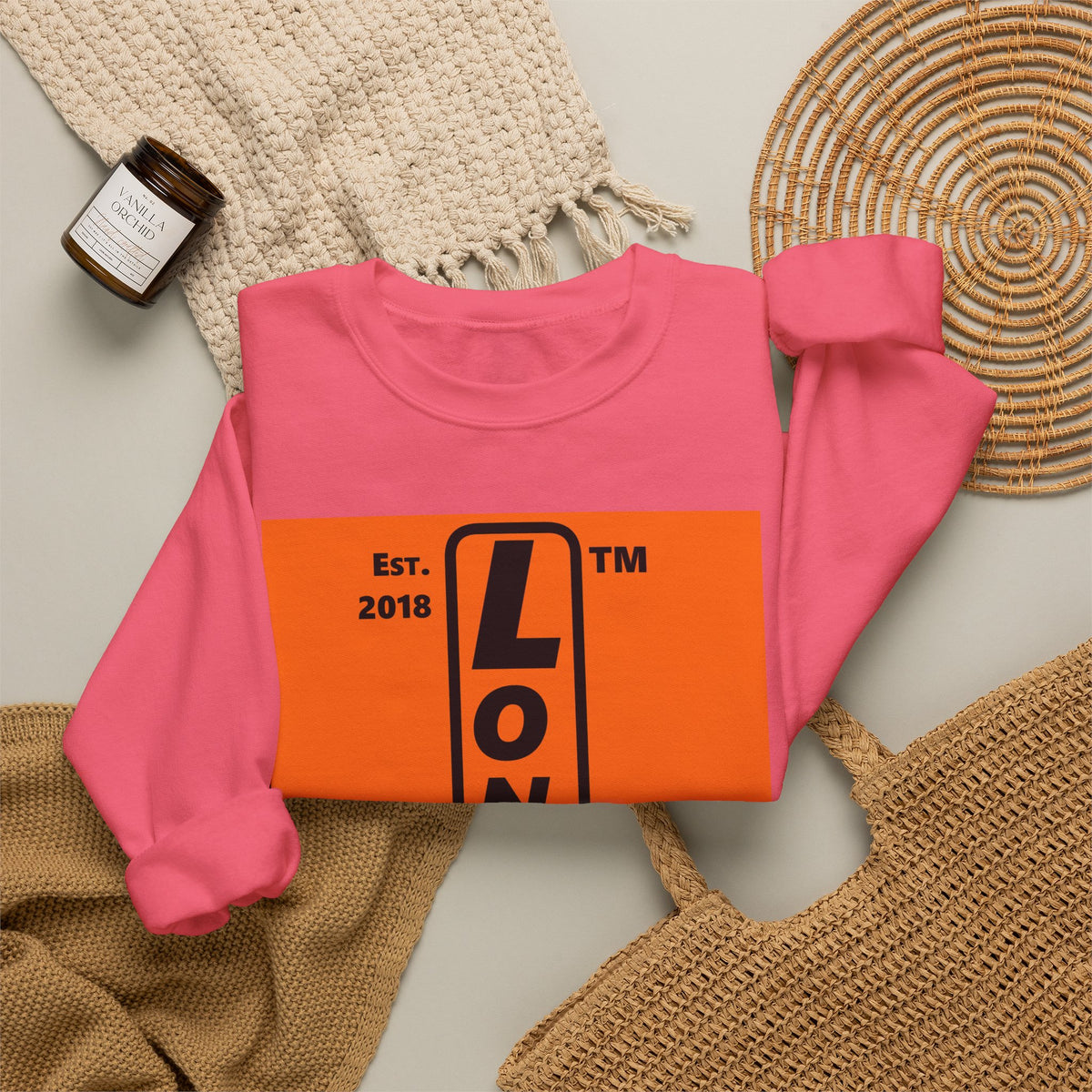 LongD Hyde Park upright logo Black (000000) on orange (FE7518) (Halloween colors) crewneck sweatshirt