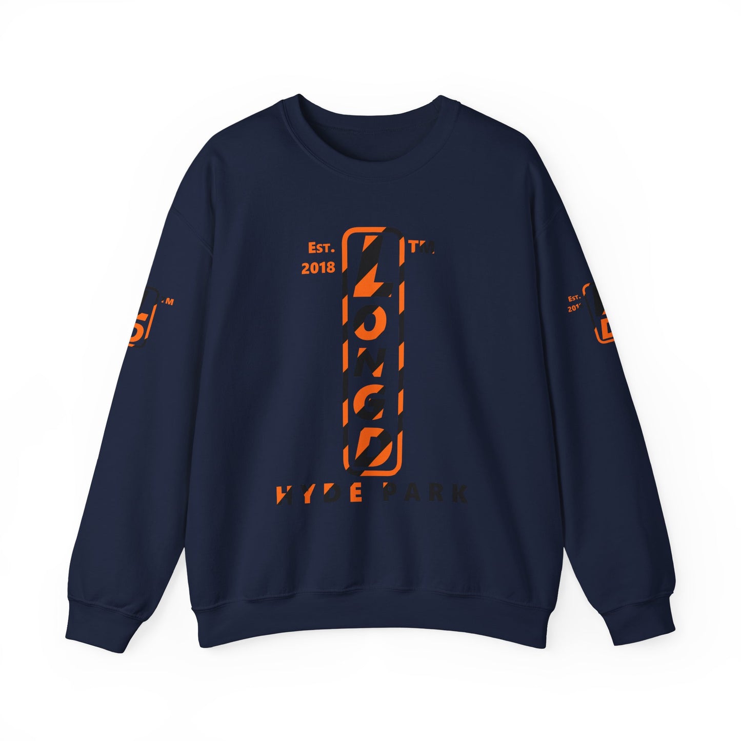 LongD Hyde Park positive upright pixel-weighted 12-striped 4-print logo (Halloween colors) crewneck sweatshirt
