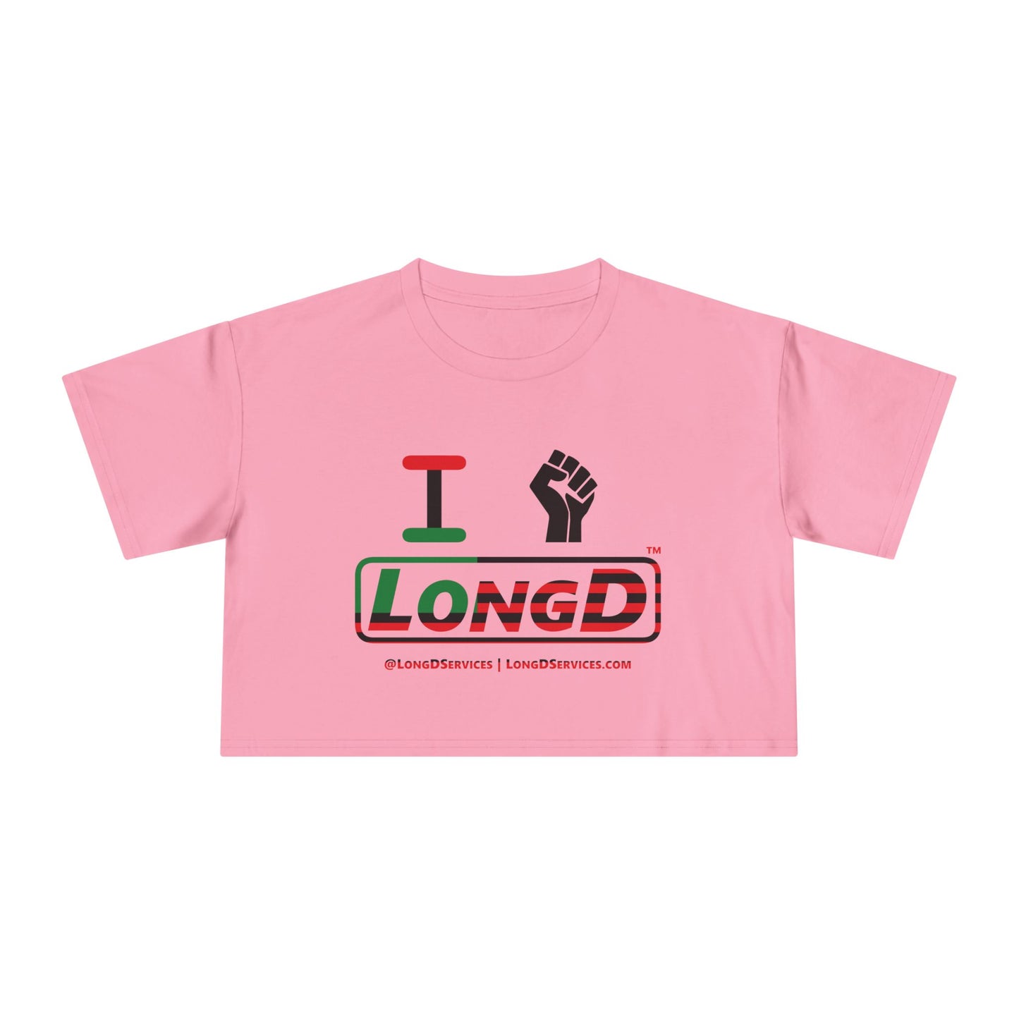 I Fist LongD Logo Women's Crop Tee (Black fist and Juneteenth positive flag logo)