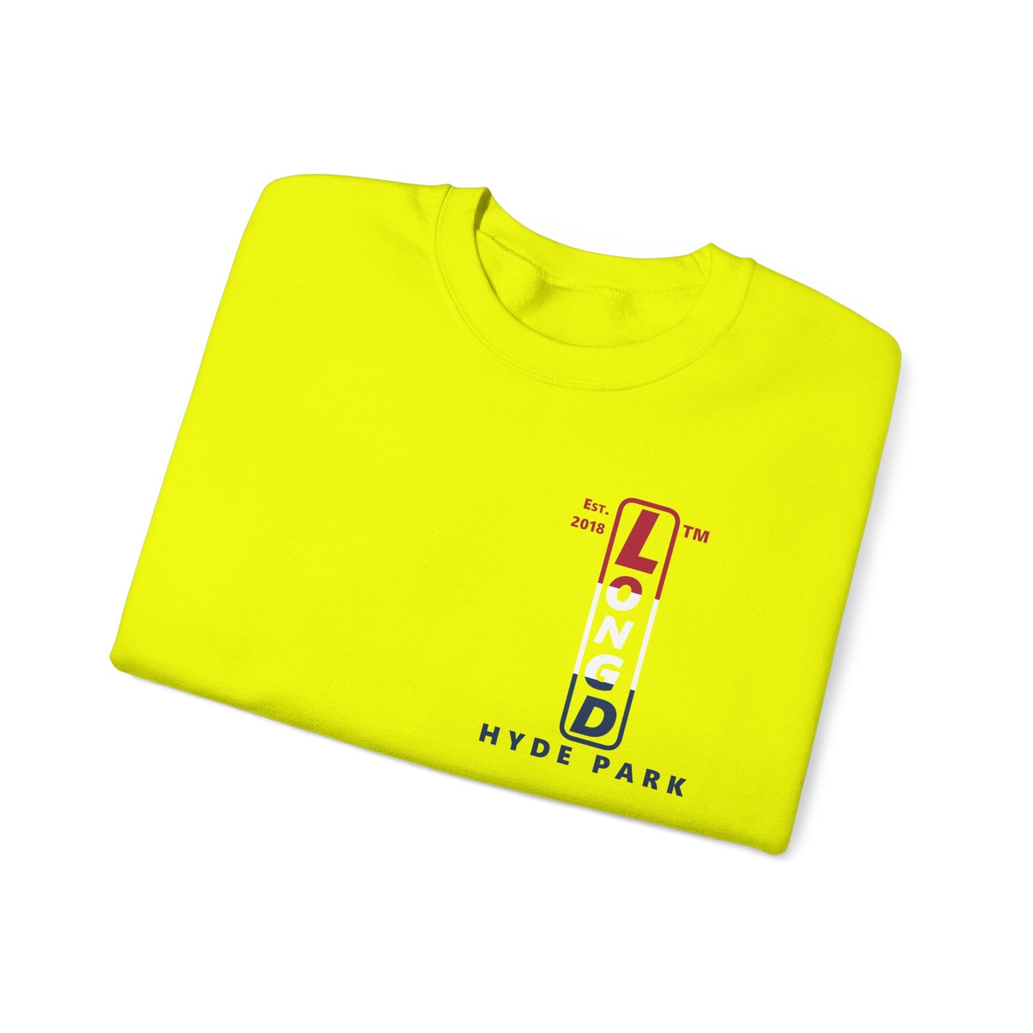 LongD positive horizontal 3-striped Hyde Park upright 4-print single-breasted logo crewneck sweatshirt (patriotic colors)