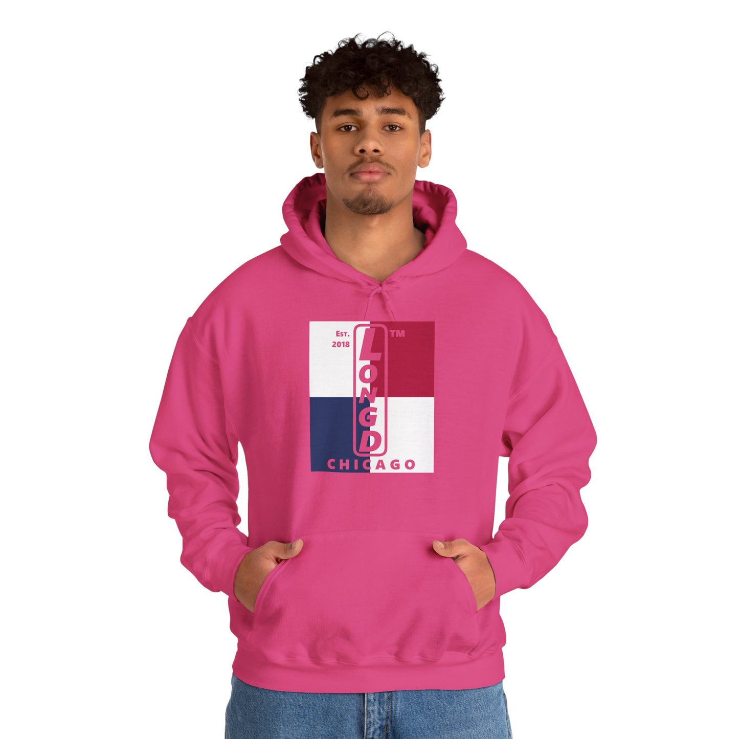 LongD® negative quarters upright Chicago logo hoodie