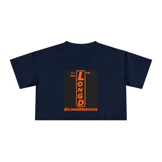 LongD Tag upright logo positive orange on negative black (Halloween colors) crop tee