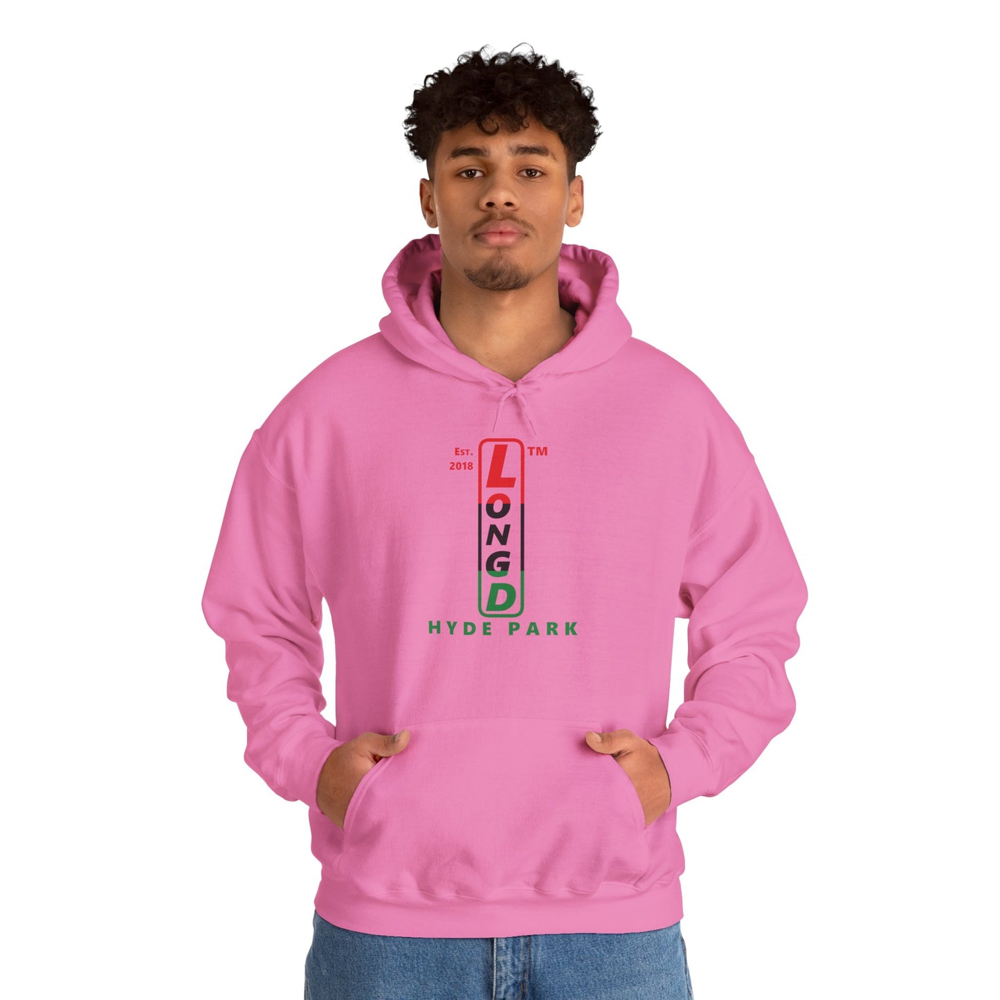LongD® positive horizontal 3-striped upright Hyde Park logo hoodie (Juneteenth colors)