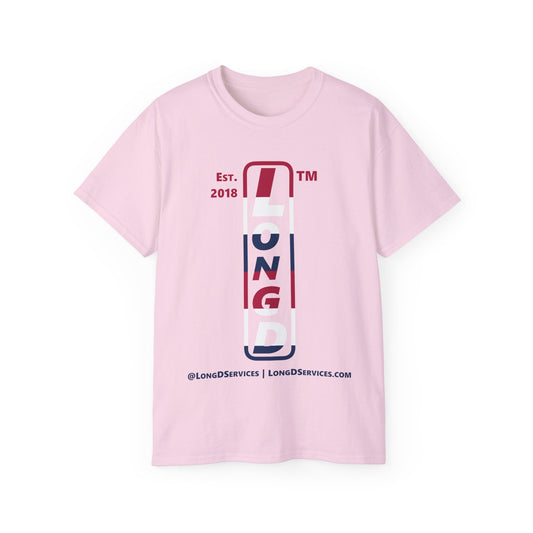 LongD cotton tee positive horizontal 6-striped tag-domain upright logo (Patriotic colors)