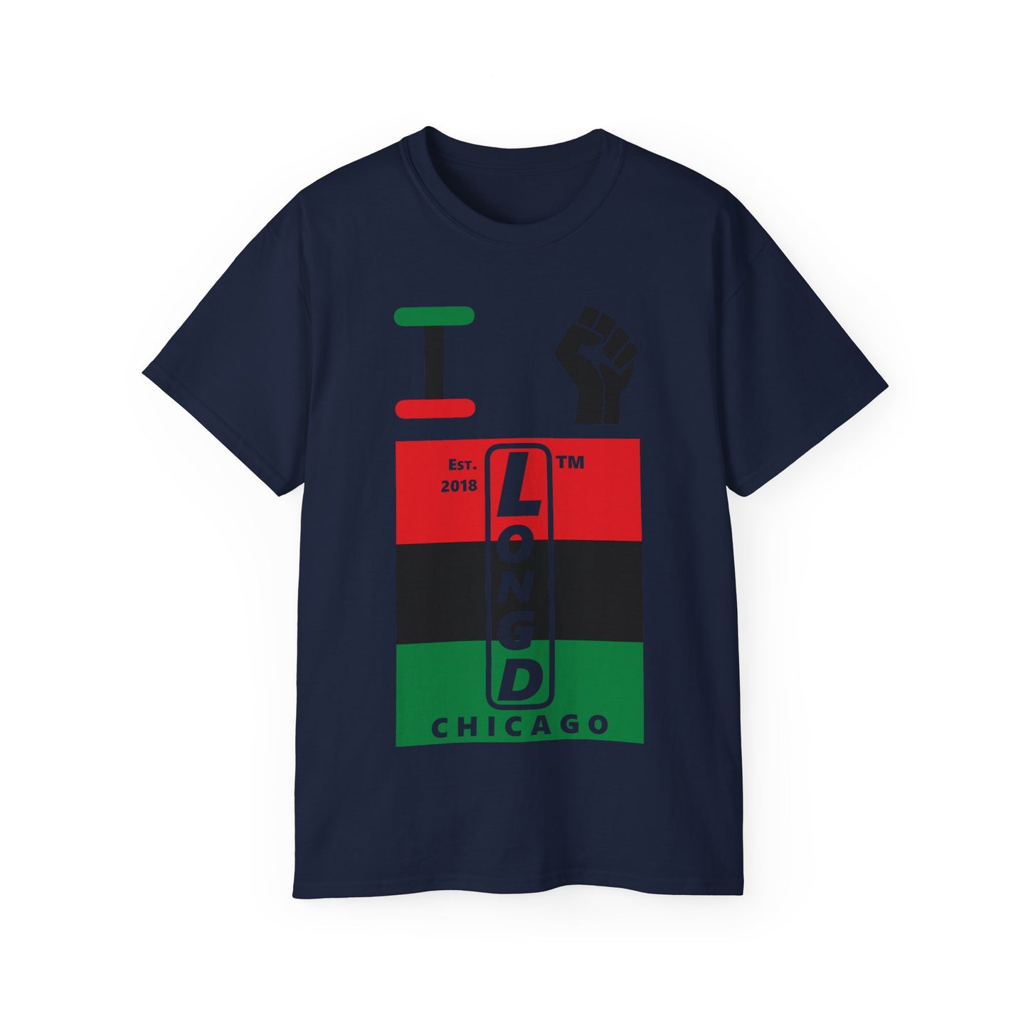 I fist LongD Cotton Tee negative horizontal striped Chicago upright logo (Juneteenth colors)