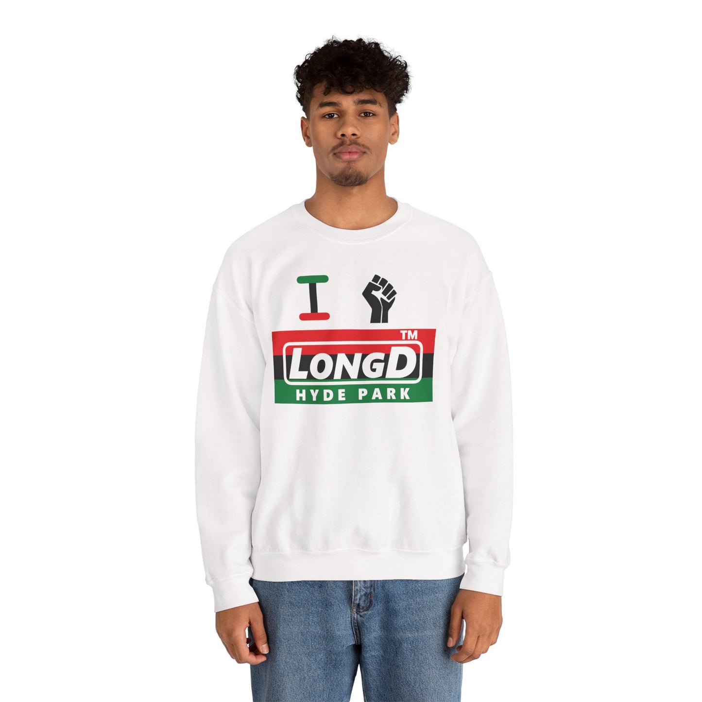 I fist LongD negative horizontal 3-striped Hyde Park logo crewneck sweatshirt