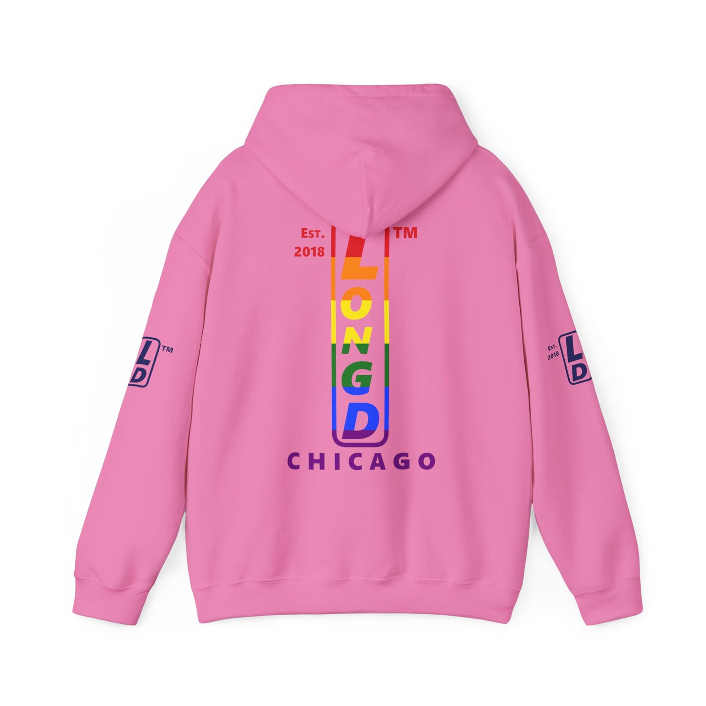 LongD® positive horizontal 6-striped Chicago 4-print upright logo hoodie (Pride colors)