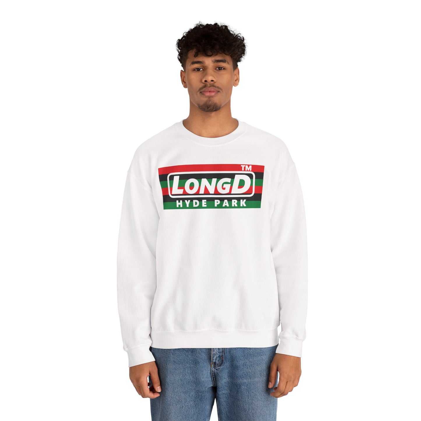 LongD negative horizontal 6-striped Hyde Park logo crewneck sweatshirt (Juneteenth colors)