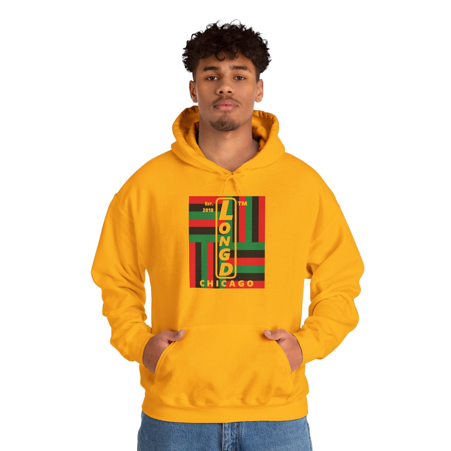 LongD® negative windmill upright Chicago logo hoodie (Juneteenth colors)