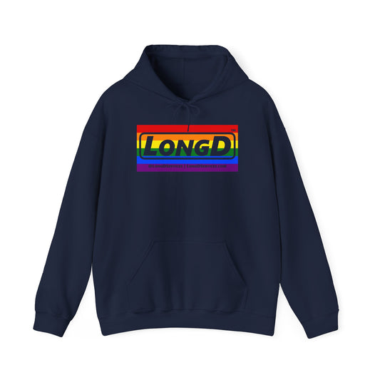 LongD® Logo Hoodie with Pride rainbow striped negative text