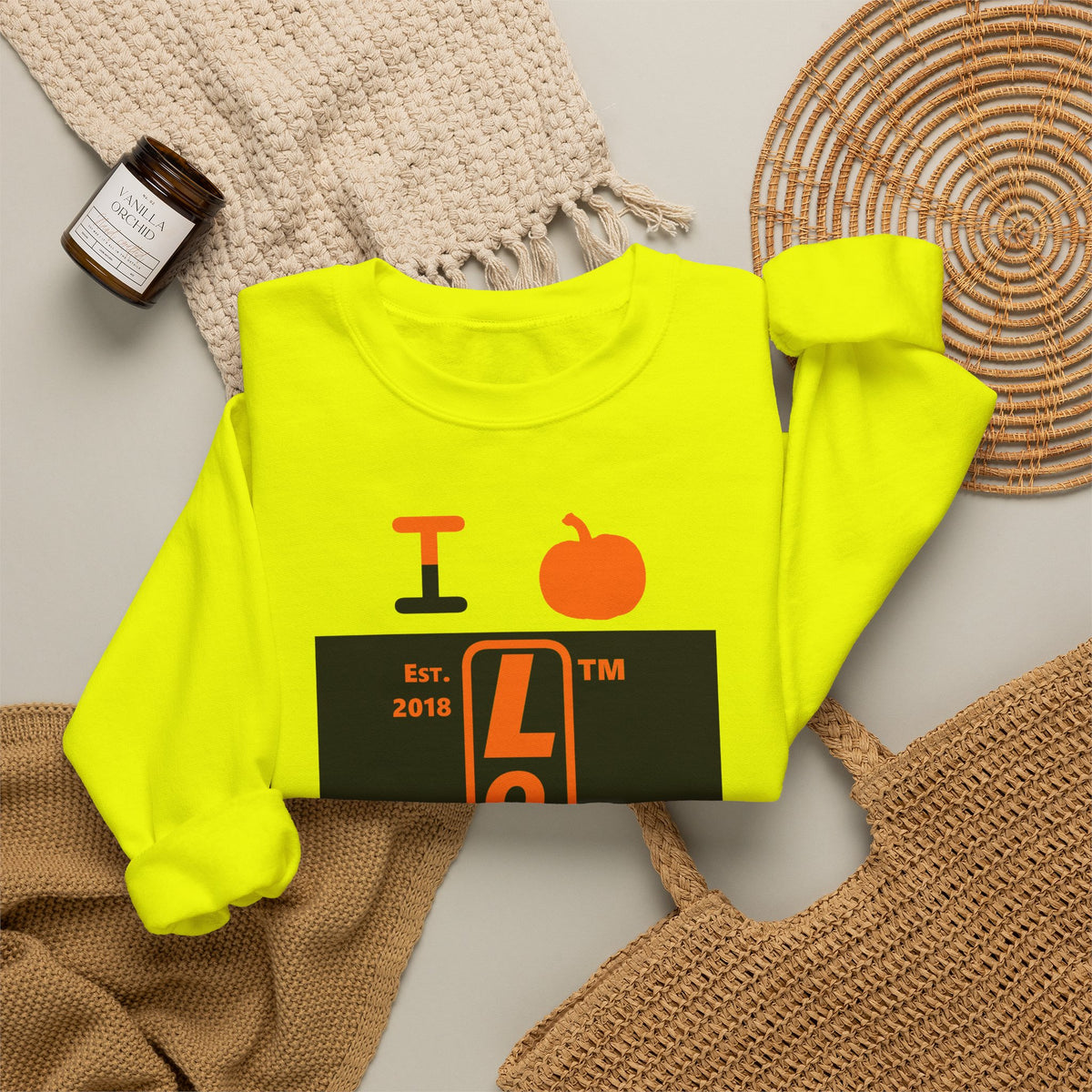 I pumpkin LongD Hyde Park upright logo positive orange on negative black crewneck sweatshirt