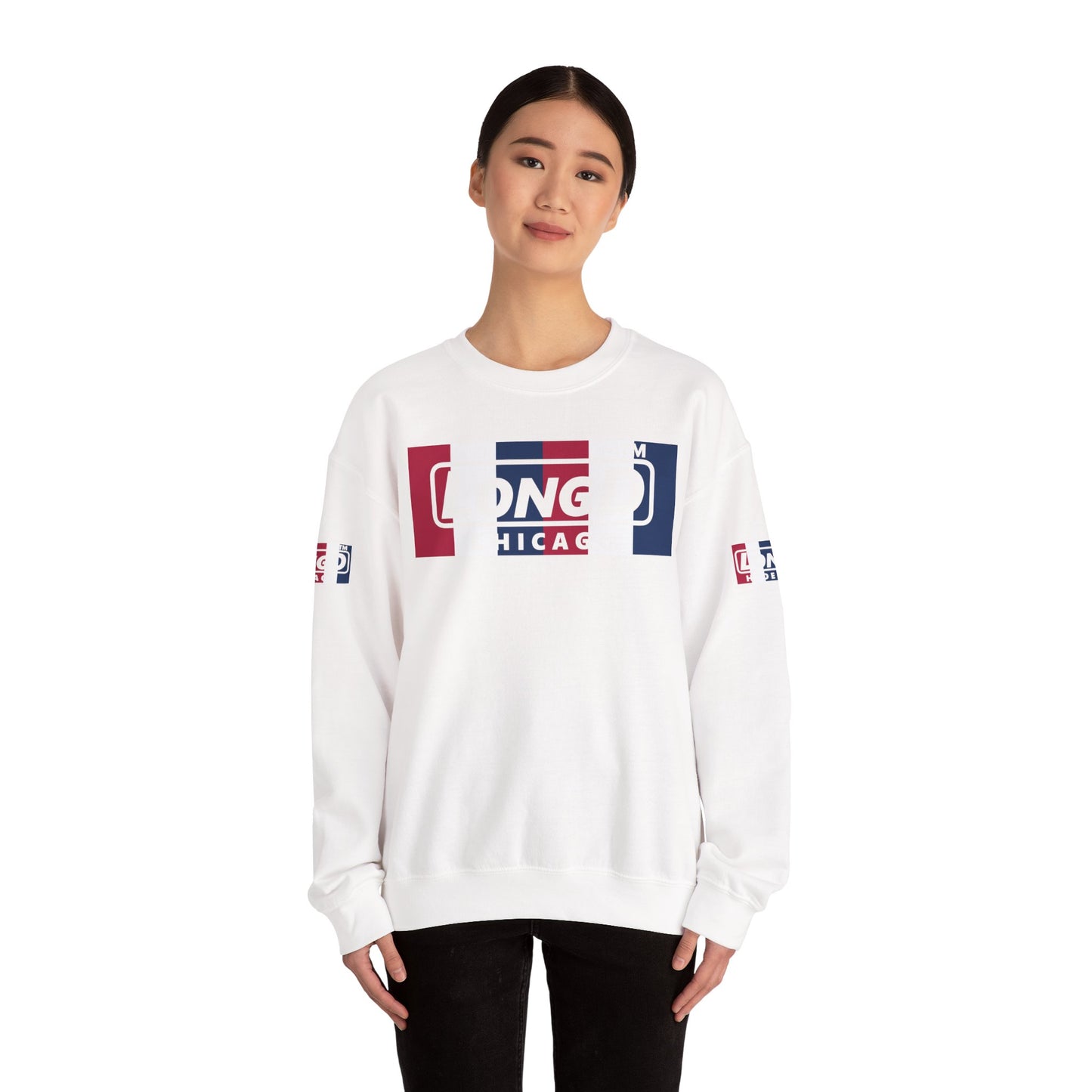 LongD negative vertical 6-striped 4-print double-breasted Chicago logo crewneck sweatshirt (patriotic colors)