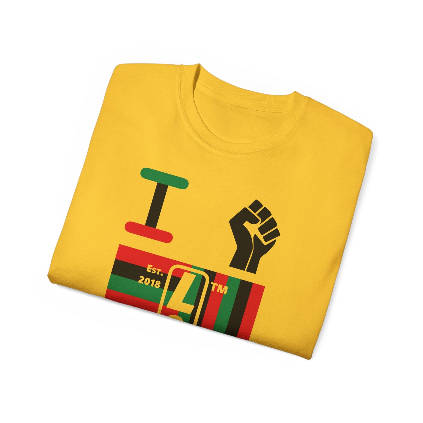 I fist LongD Cotton Tee negative windmill Hyde Park upright logo (Juneteenth colors)