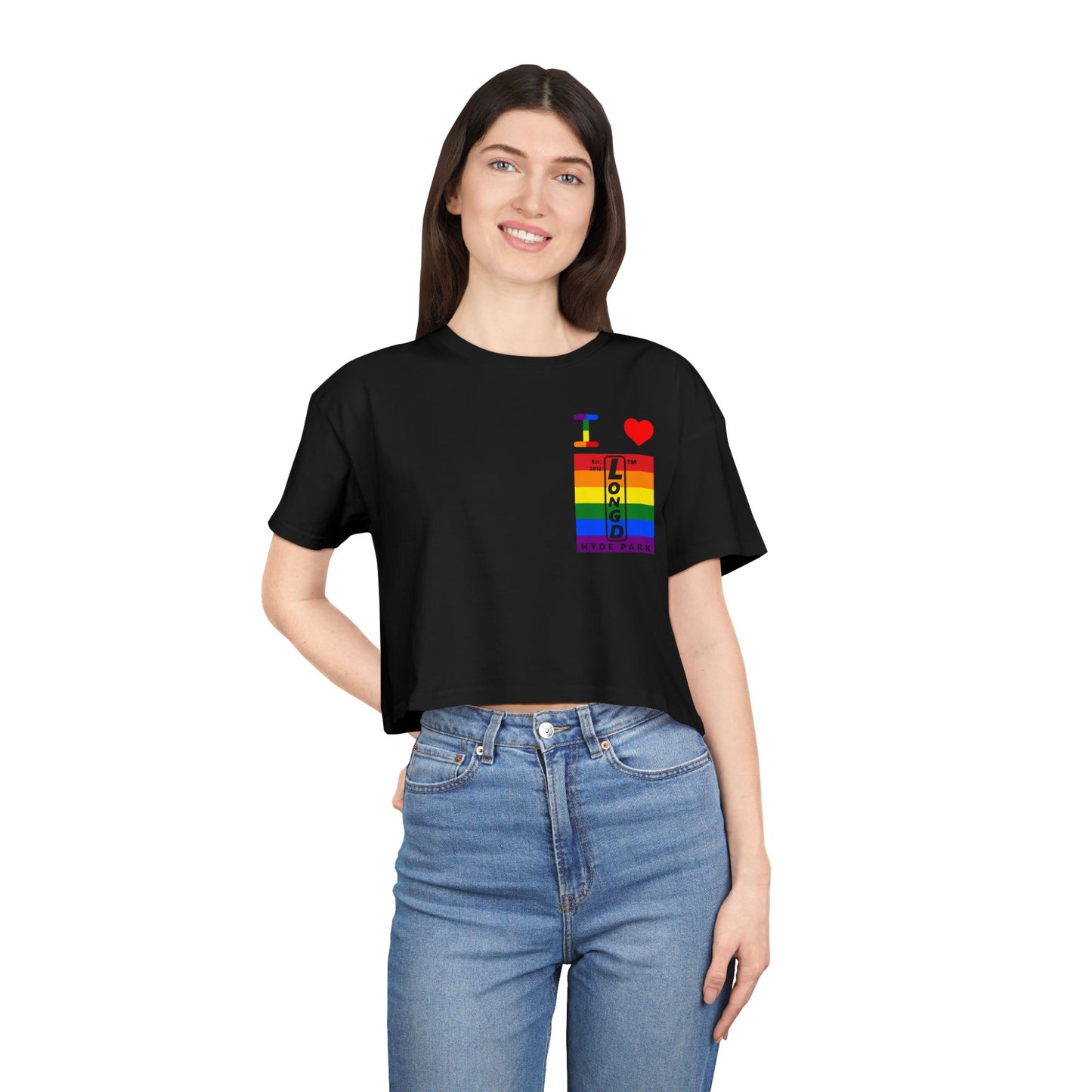 I Luv LongD Negative horizontal 6-striped upright single-breasted Hyde Park logo crop tee (Pride colors)