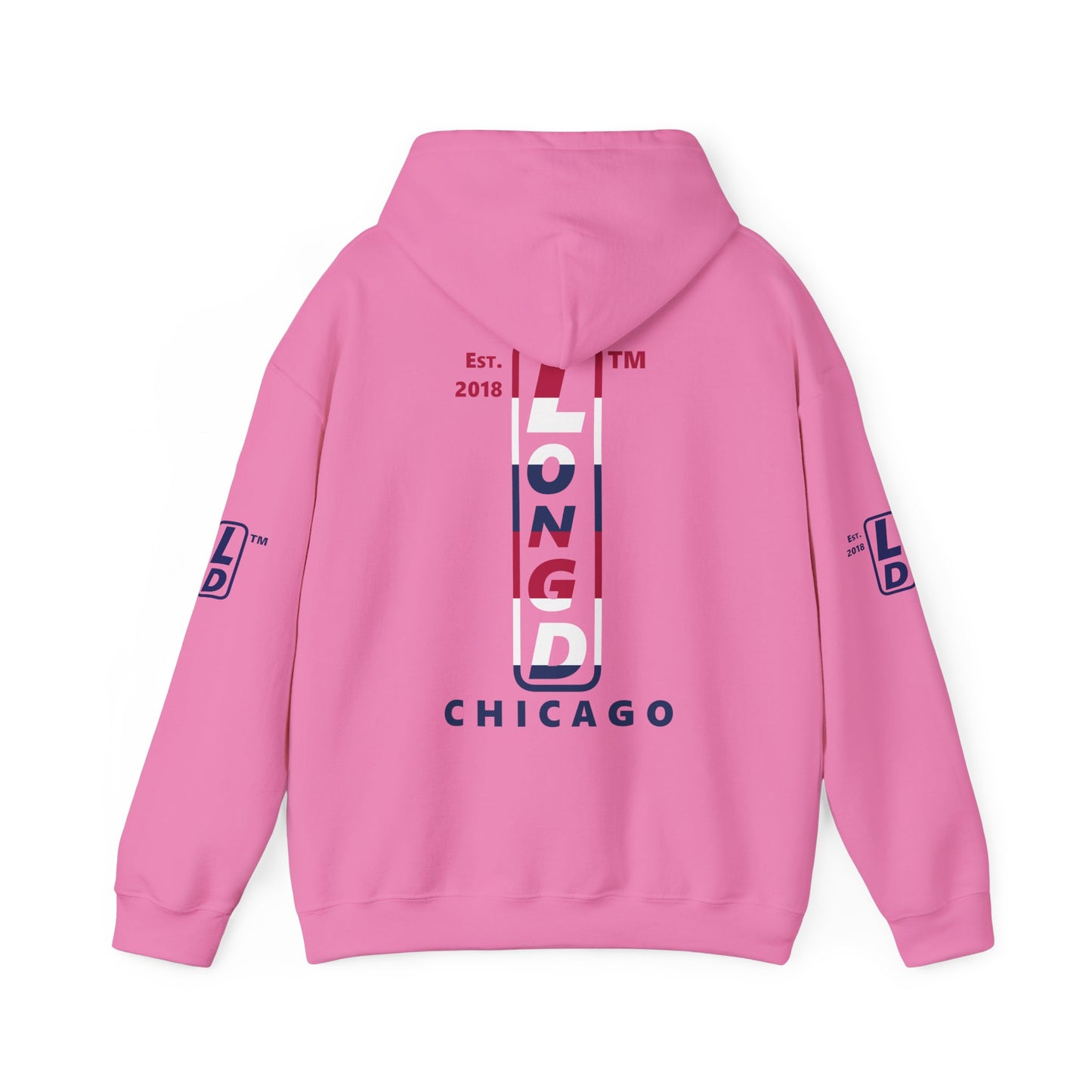 LongD® positive horizontal 6-striped Chicago 4-print upright logo hoodie (patriotic colors)