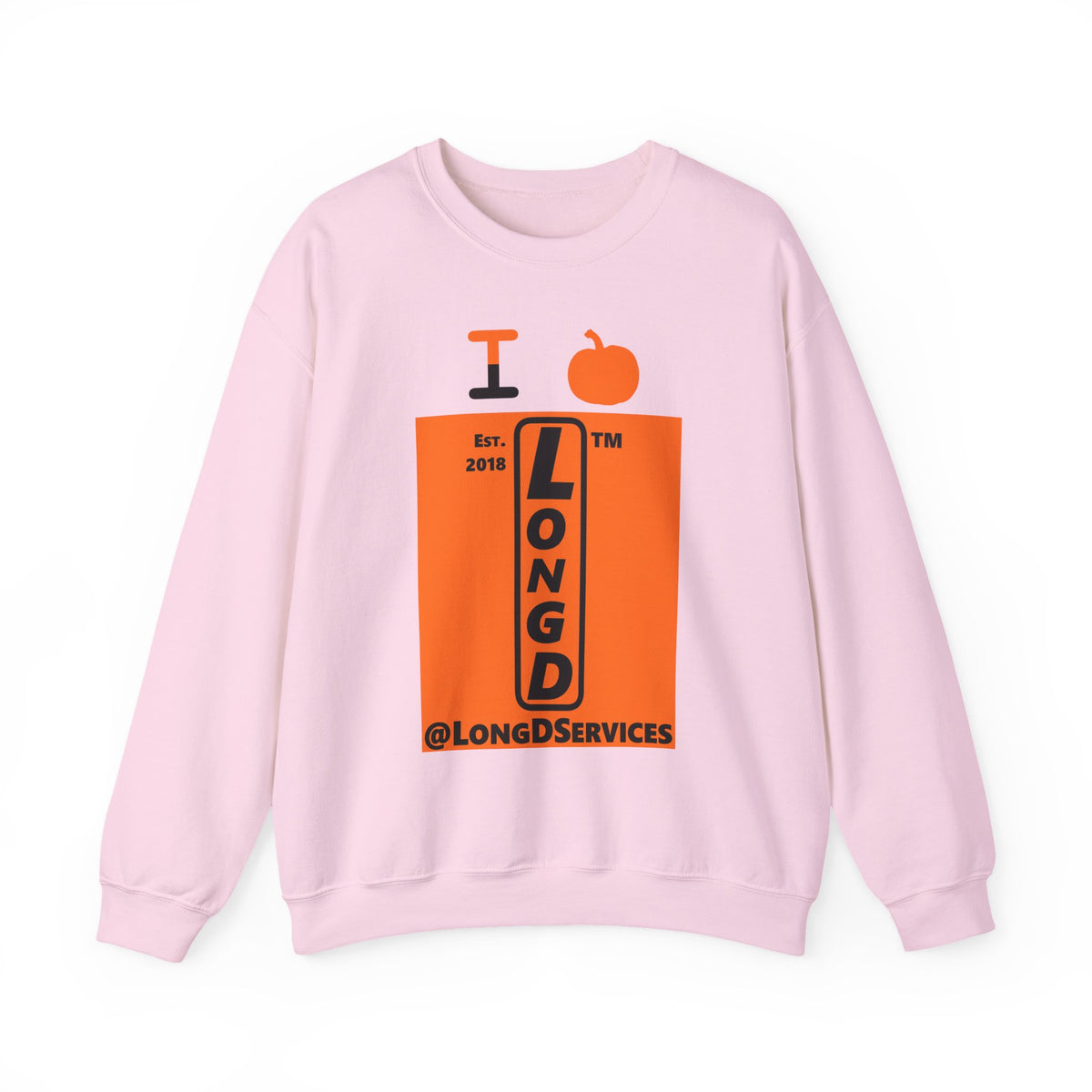 I pumpkin LongD Tag upright logo positive black on negative orange crewneck sweatshirt