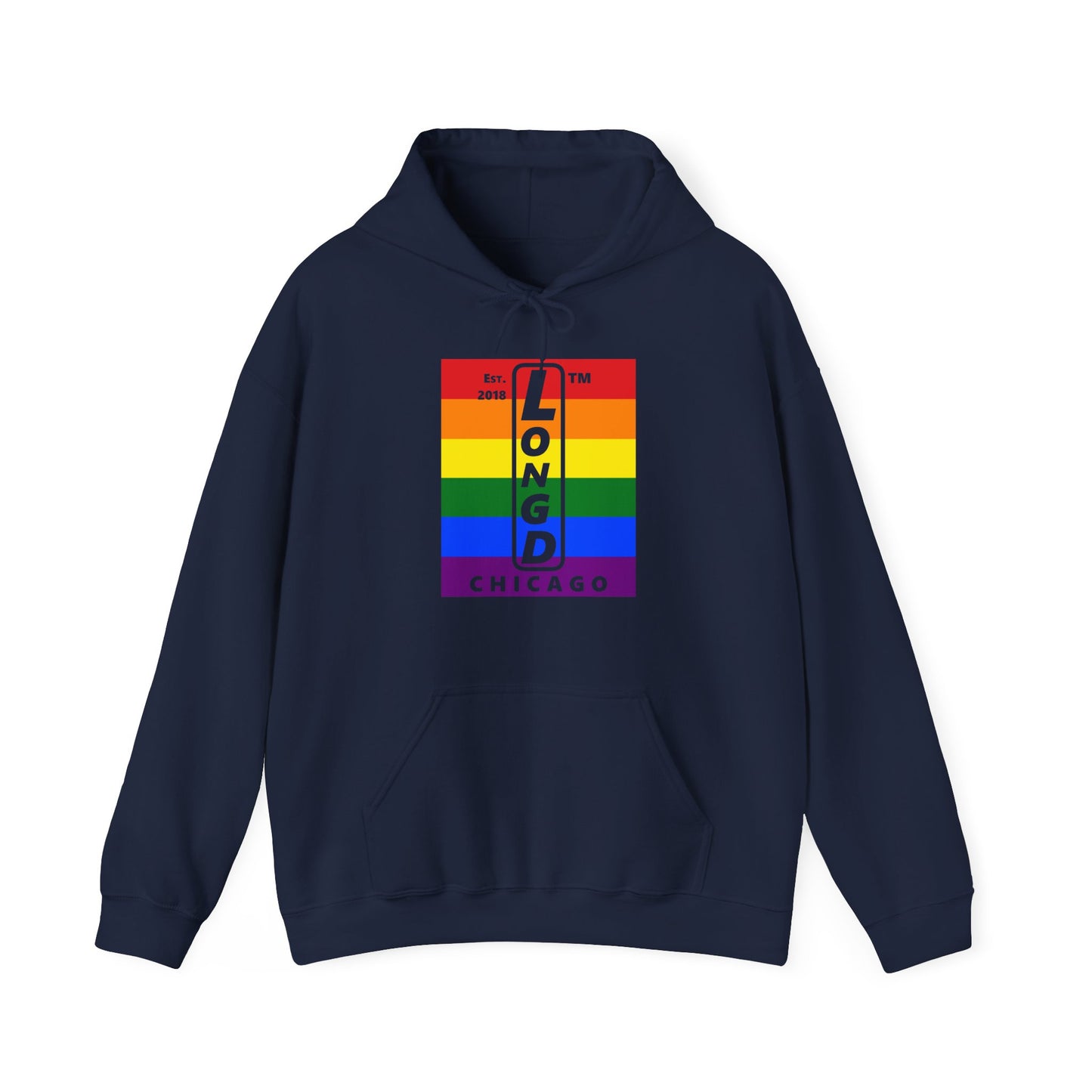 LongD® negative horizontal 6-striped upright Chicago logo hoodie (Pride colors)