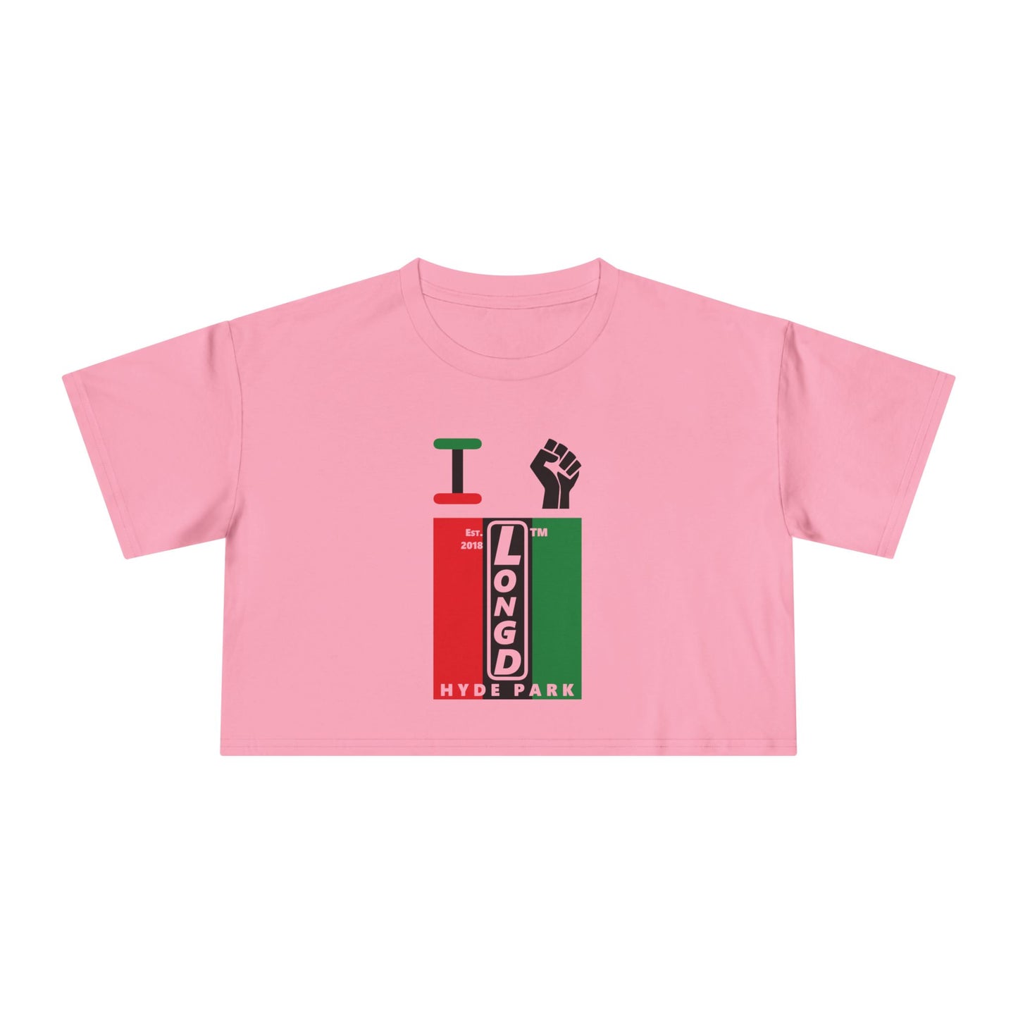 I fist LongD negative vertical 3-striped upright front-back Hyde Park logo crop tee (Juneteenth colors)