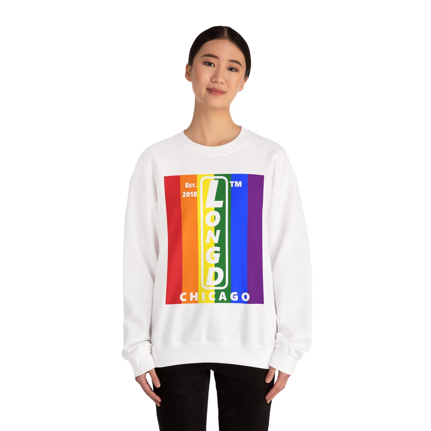 LongD negative cropped flag Chicago upright logo crewneck sweatshirt (Pride colors)