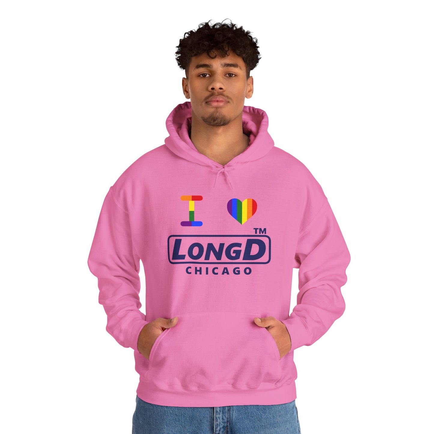I Luv LongD® official basic front-back Chicago logo hoodie (Pride colors)