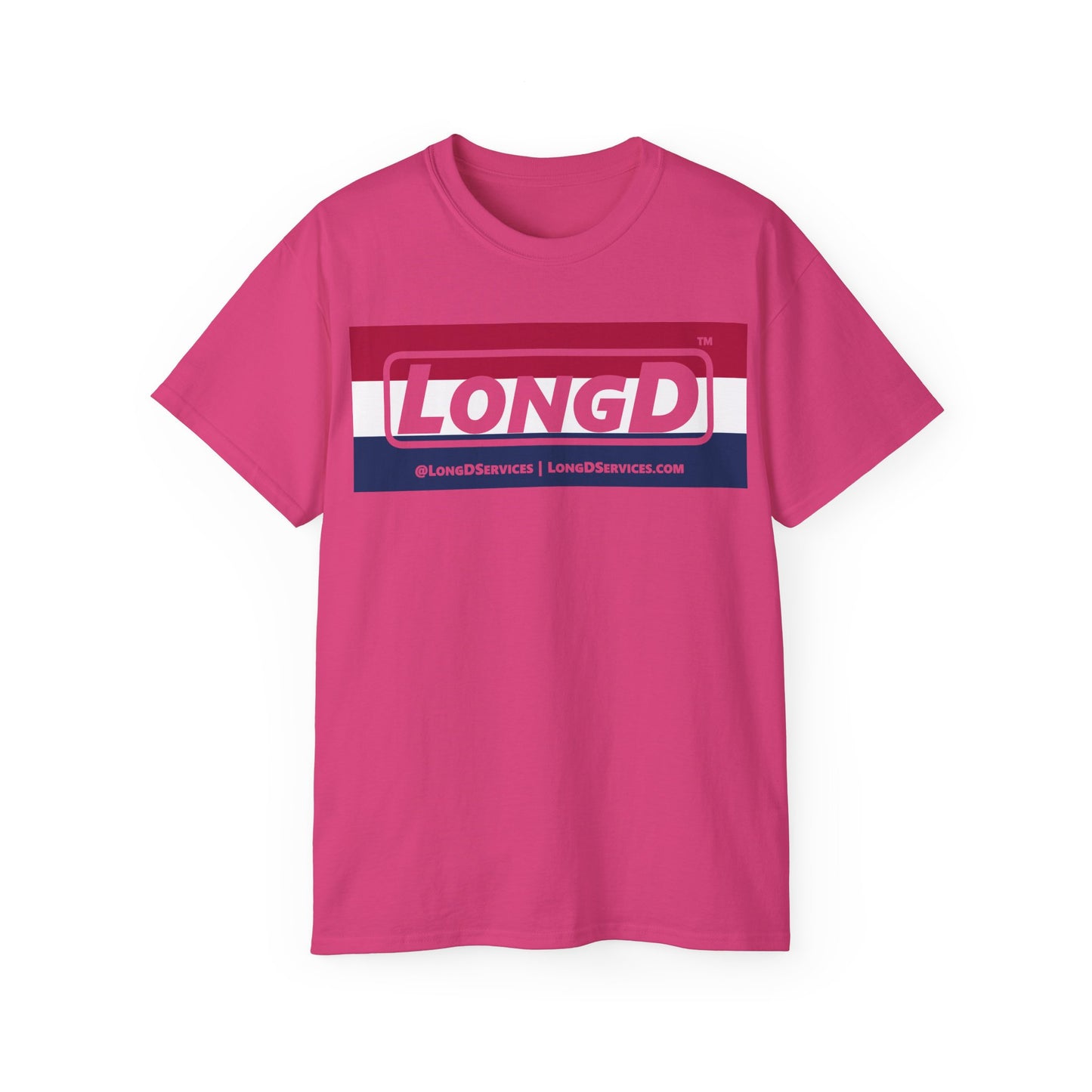 LongD® Logo Cotton Tee Red, White and Blue striped thirds negative text
