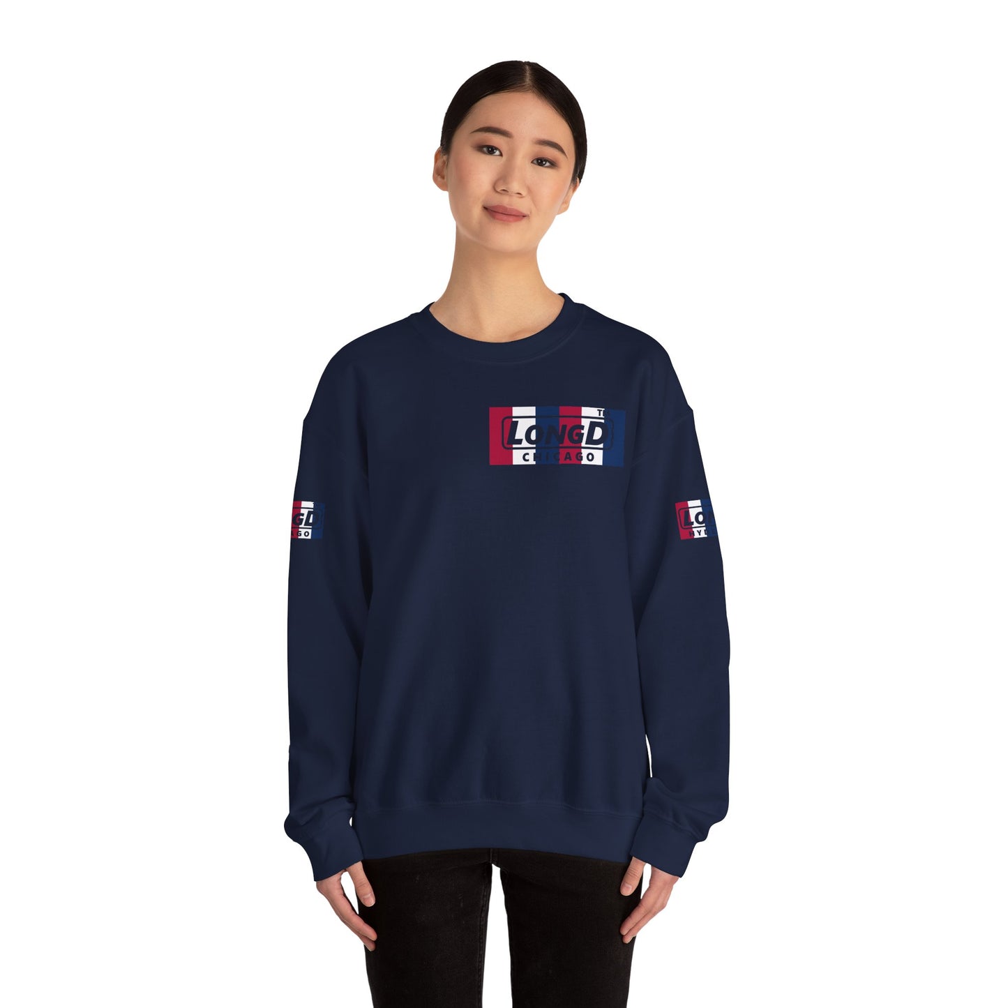LongD negative vertical 6-striped 4-print single-breasted Chicago logo crewneck sweatshirt (patriotic colors)