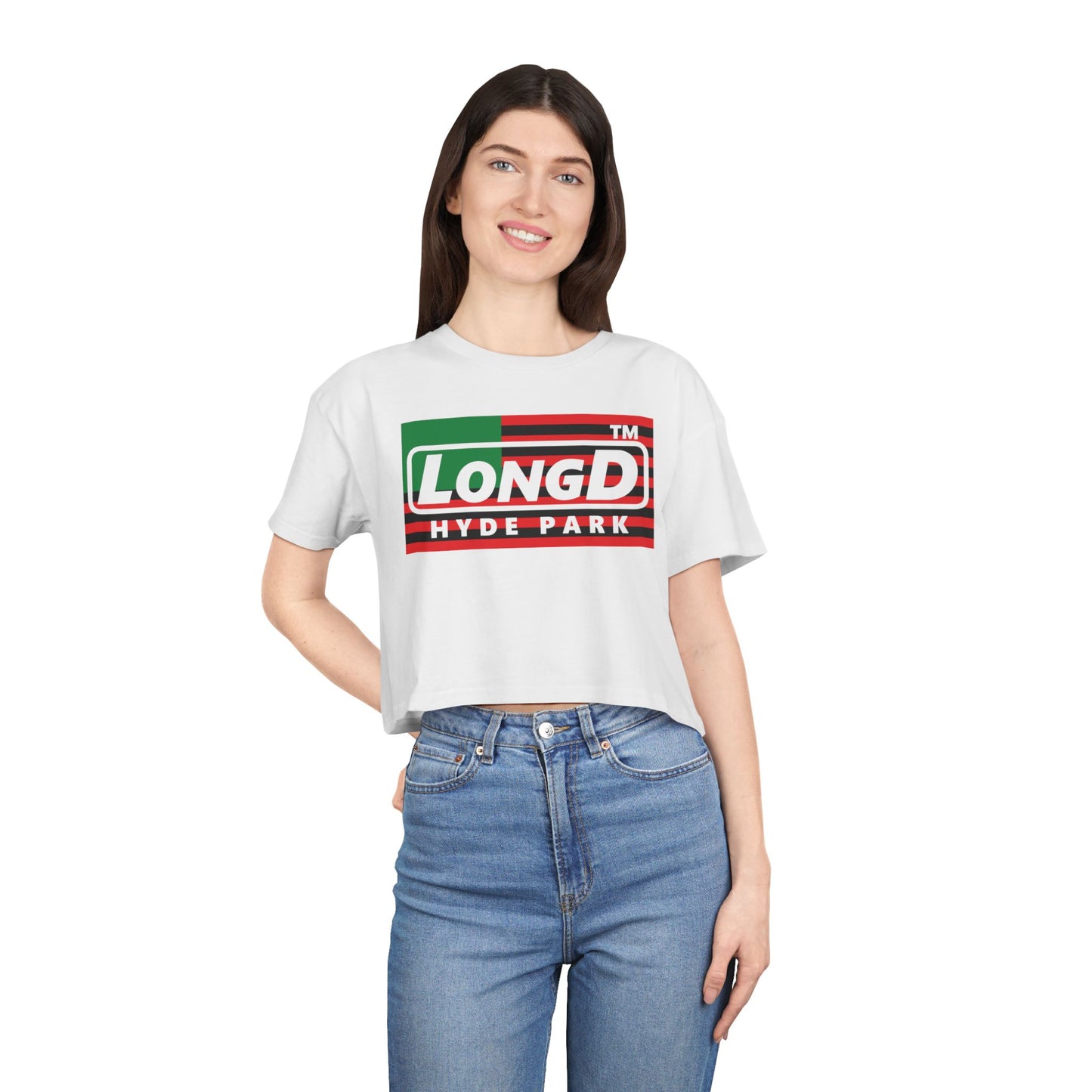 LongD negative flag Hyde Park logo crop tee (Juneteenth colors)