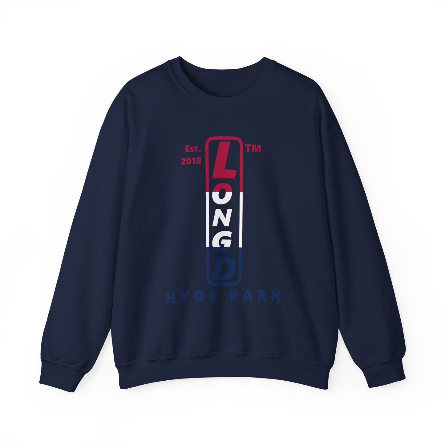 LongD positive horizontal 3-striped Hyde Park upright logo crewneck sweatshirt (patriotic colors)