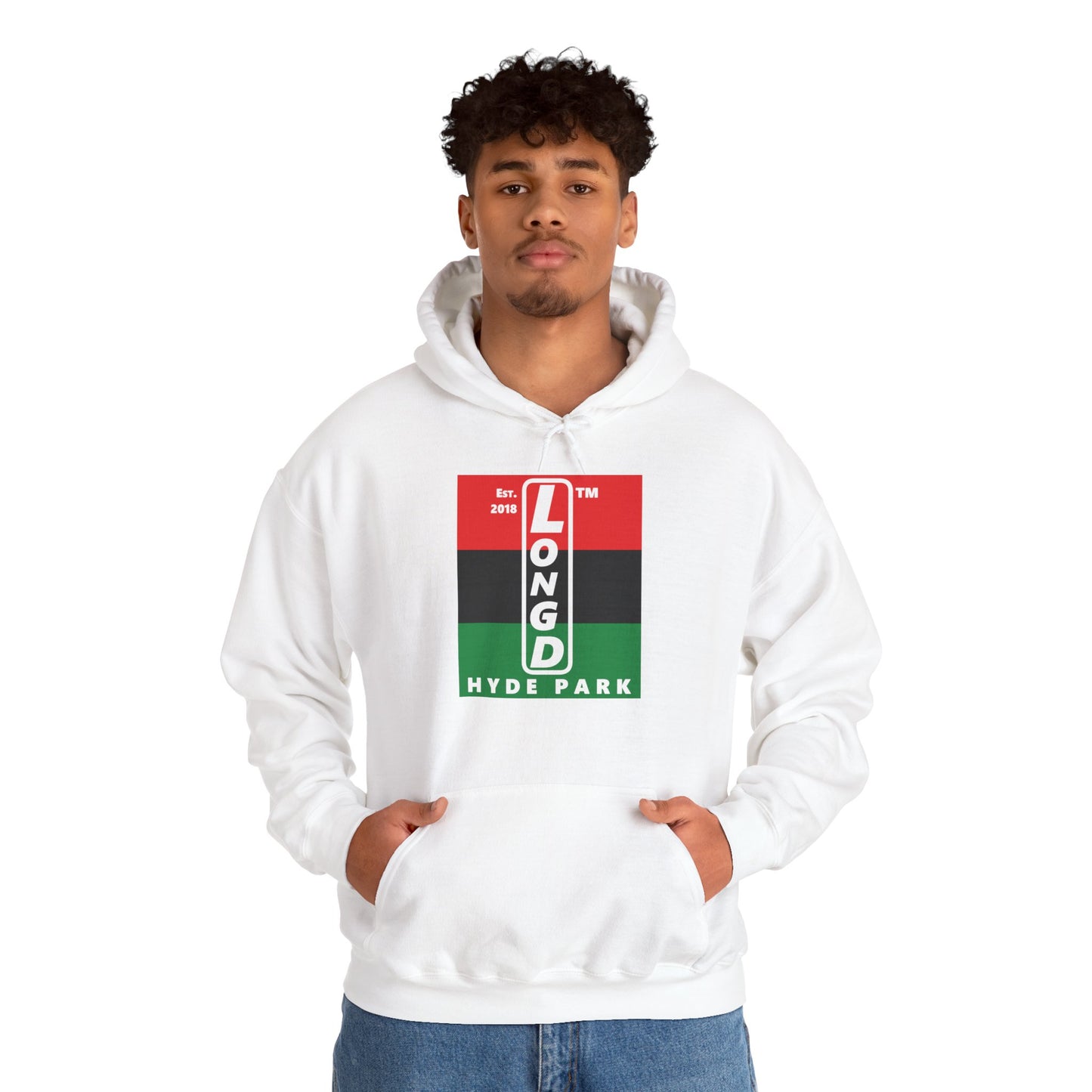 LongD® negative horizontal 3-striped upright Hyde Park logo hoodie (Juneteenth colors)