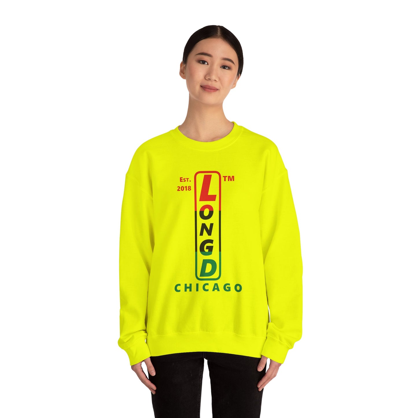 LongD positive horizontal 3-striped Chicago upright logo crewneck sweatshirt (Juneteenth colors)