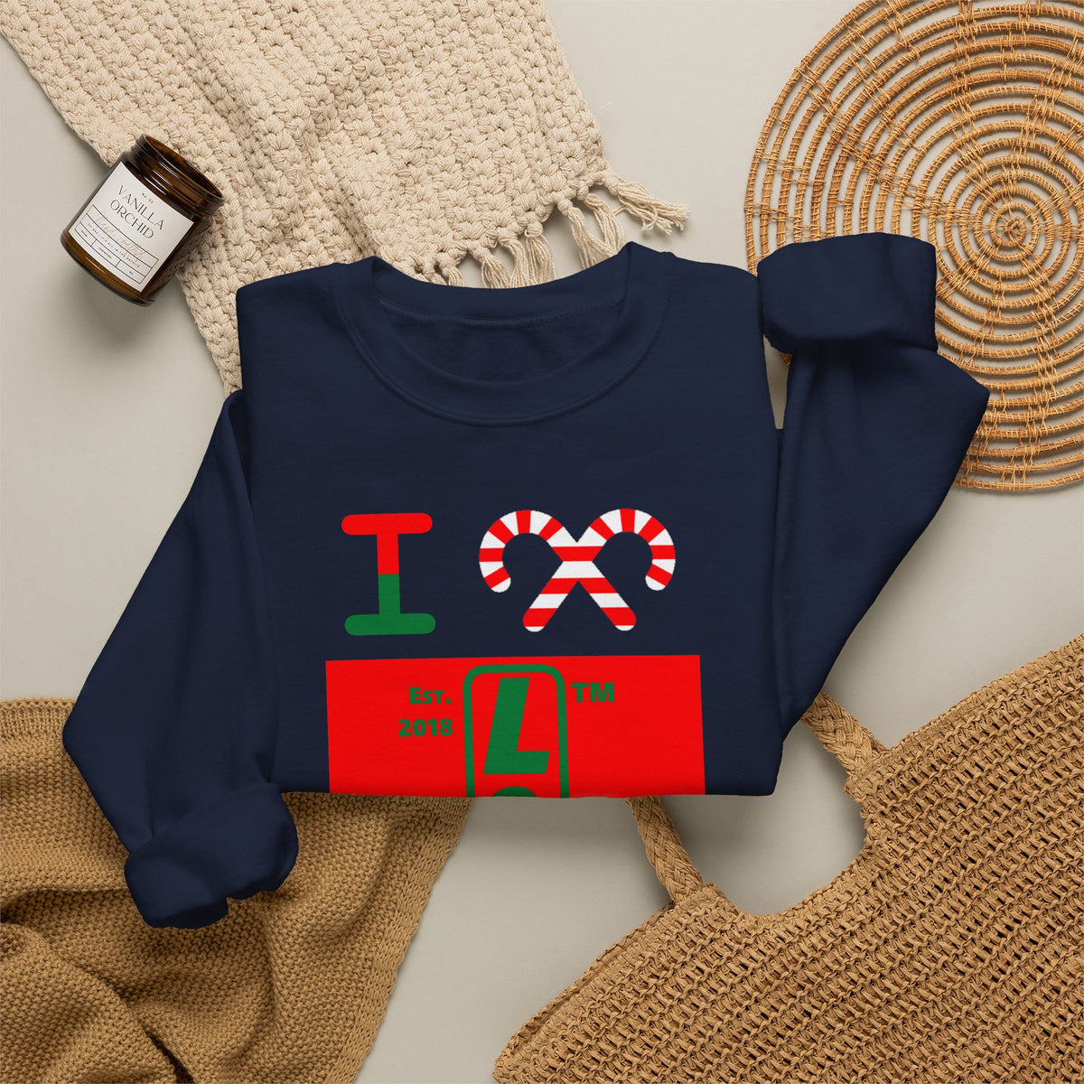 I candy cane LongD Chicago upright logo positive green on negative red crewneck sweatshirt