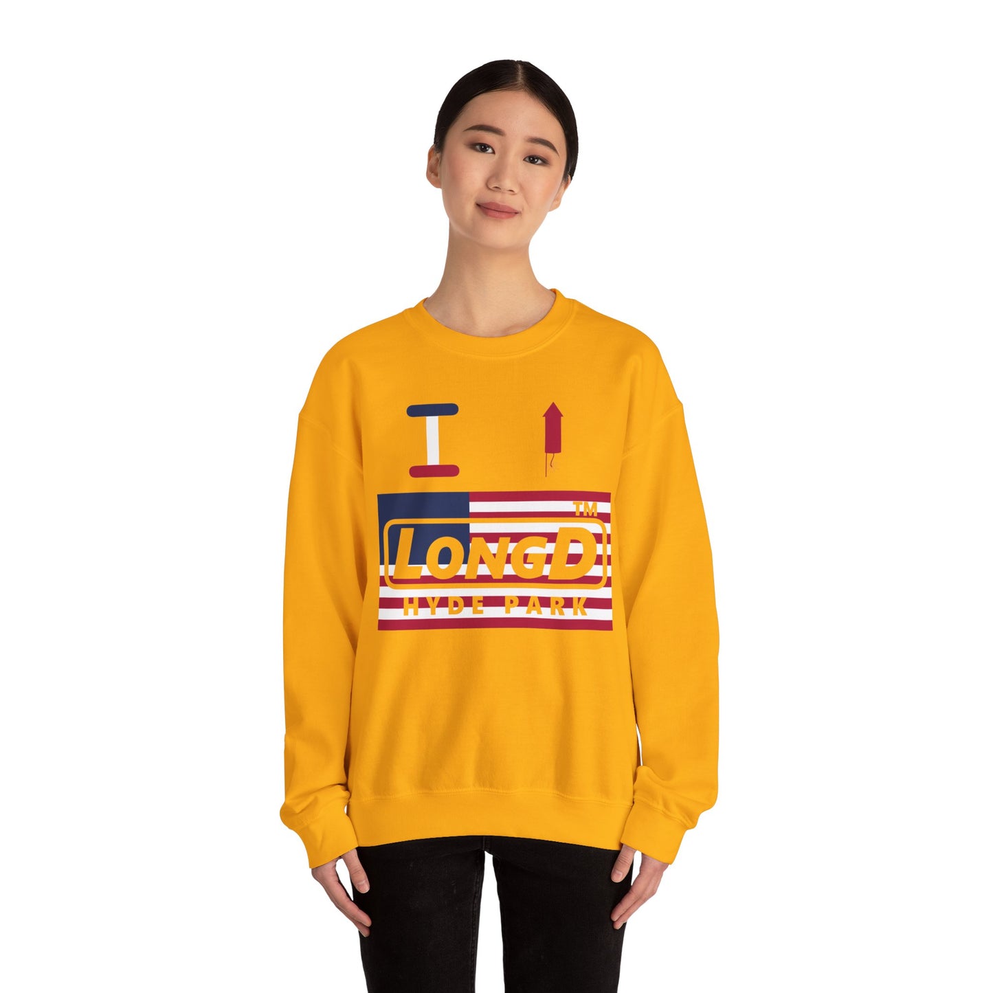 I firecracker LongD negative flag front-back Hyde Park logo crewneck sweatshirt