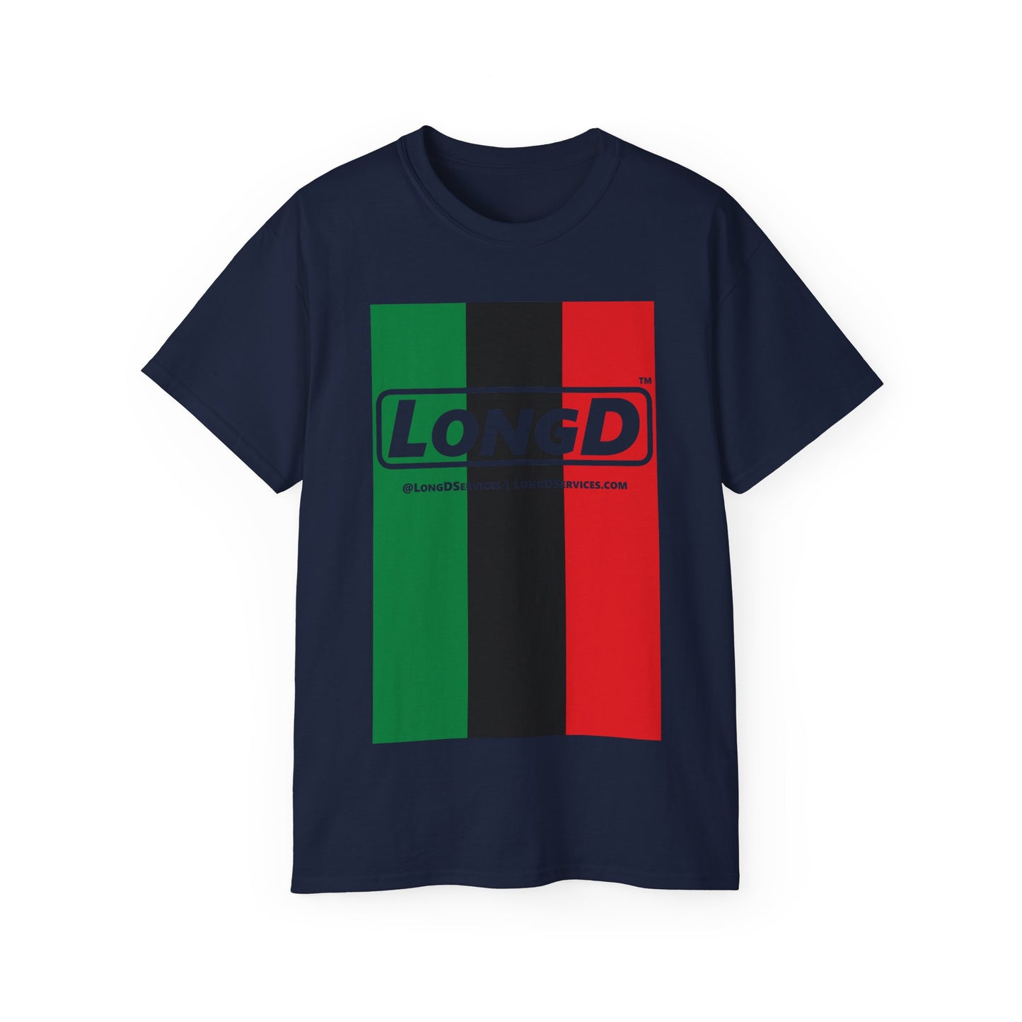 LongD® Logo Cotton Tee Juneteenth vertical Pan-African Flag negative text