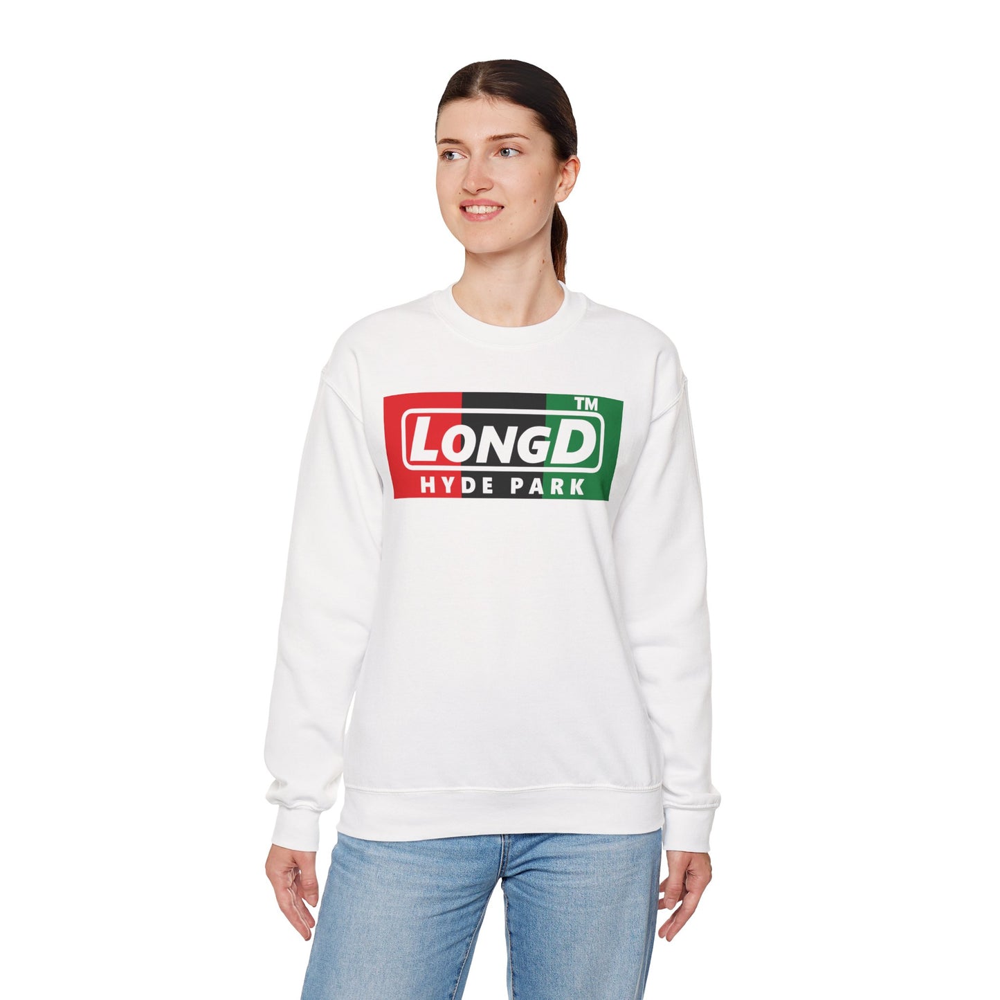 LongD negative vertical 3-striped Hyde Park logo crewneck sweatshirt (Juneteenth colors)