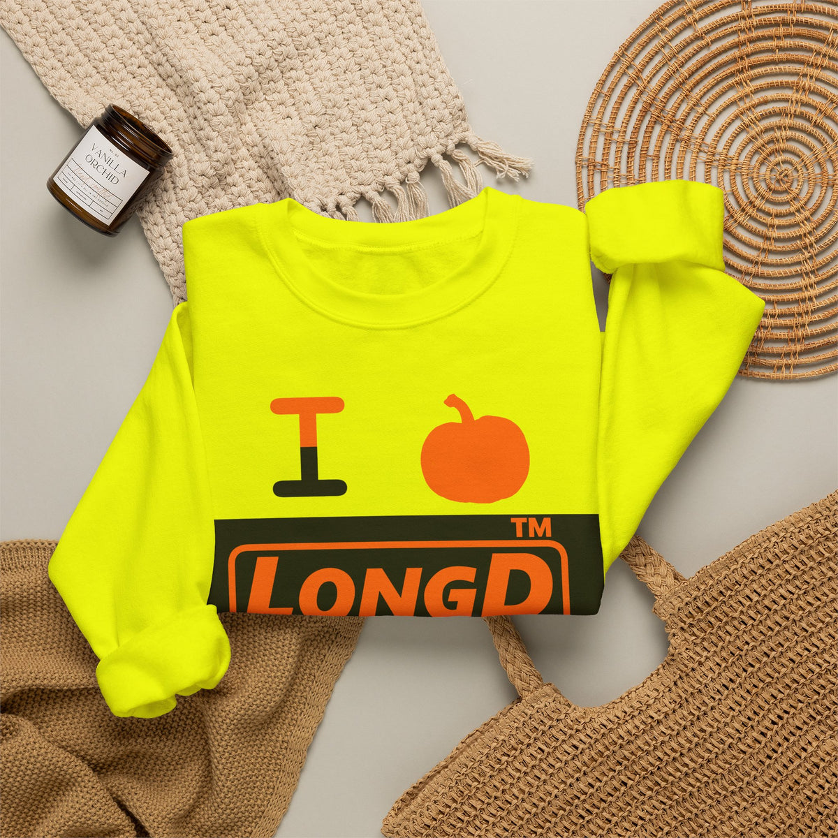 I pumpkin LongD Hyde Park logo positive orange on negative black crewneck sweatshirt