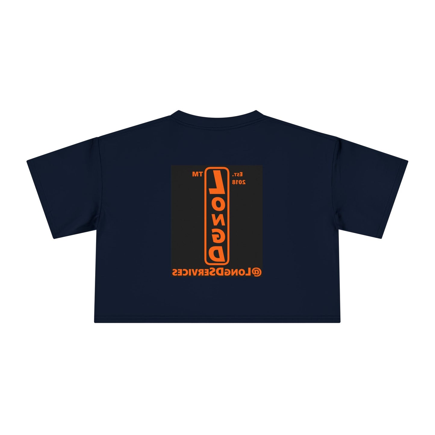 LongD Tag upright front-back logo orange (FE7518) on Black (000000) crop tee