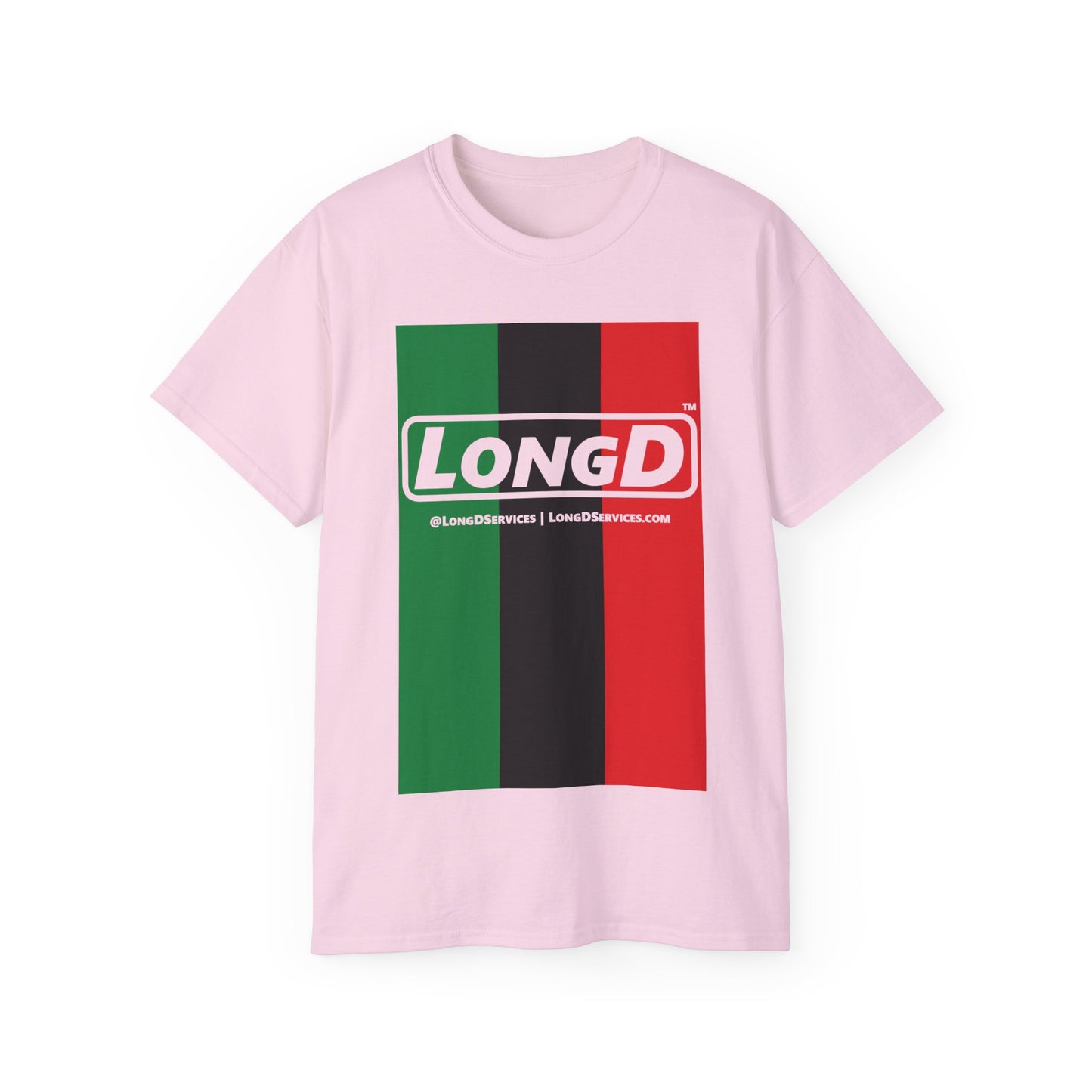 LongD® Logo Cotton Tee Juneteenth vertical Pan-African Flag negative text