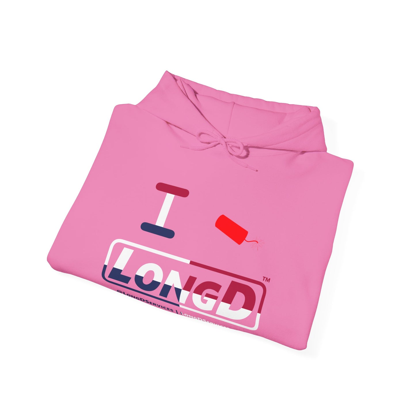 I Firecracker LongD® Logo Hoodie red, white and blue positive quarters