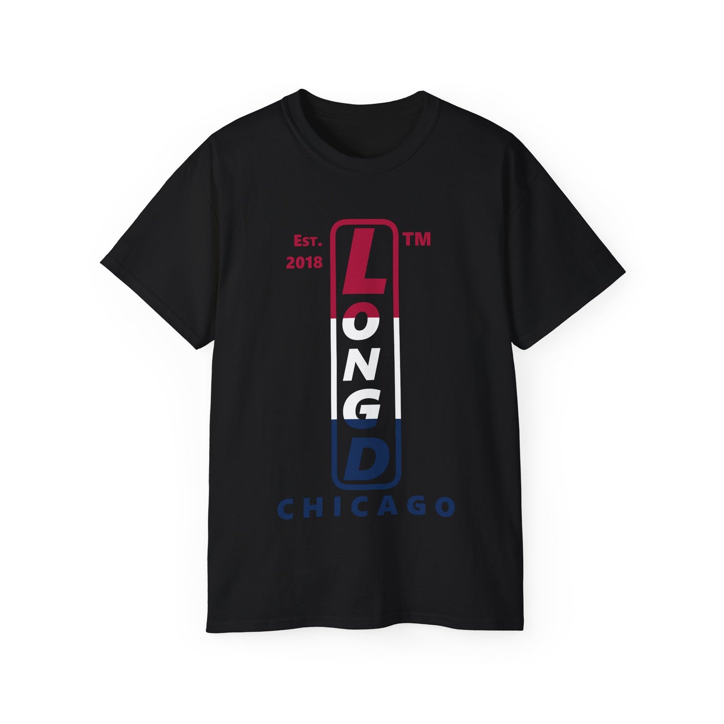 LongD cotton tee positive horizontal 3-striped Chicago upright logo (Patriotic colors)