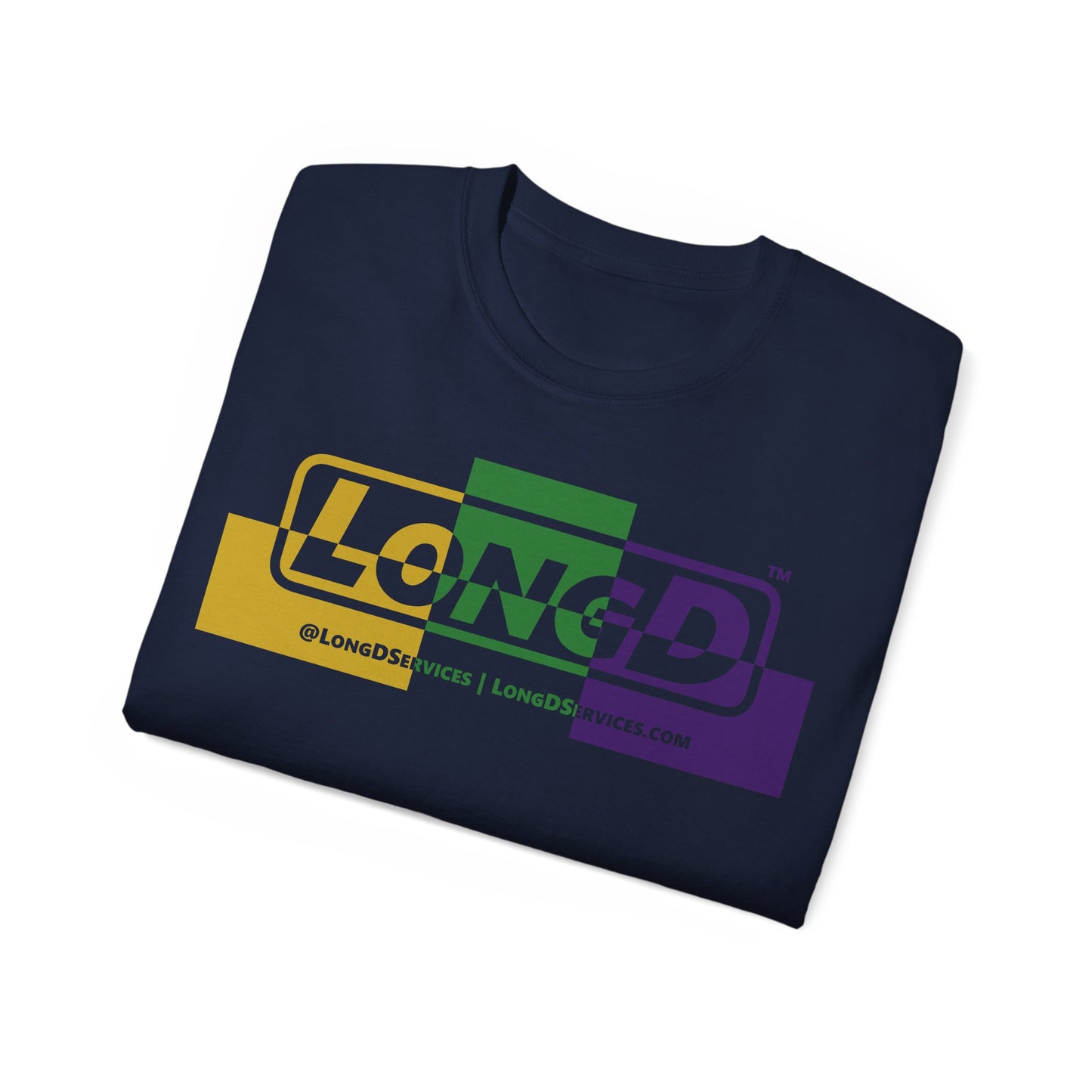 LongD® Logo Cotton Tee (verigated Mardi Gras colored text)