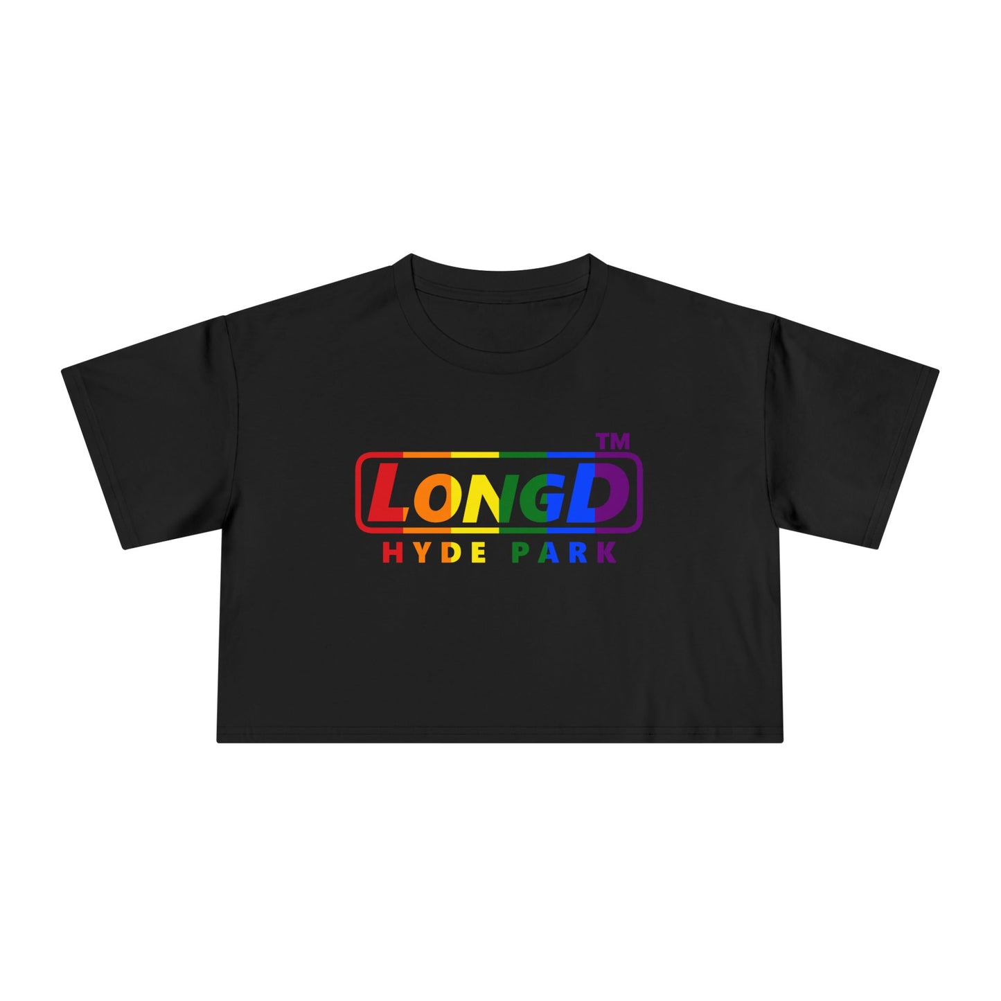 LongD positive vertical 6-striped front-back Hyde Park logo crop tee (Pride colors)