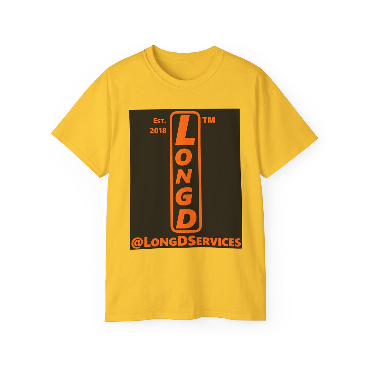 LongD Tag upright front-back logo orange (FE7518) on Black (000000) cotton tee