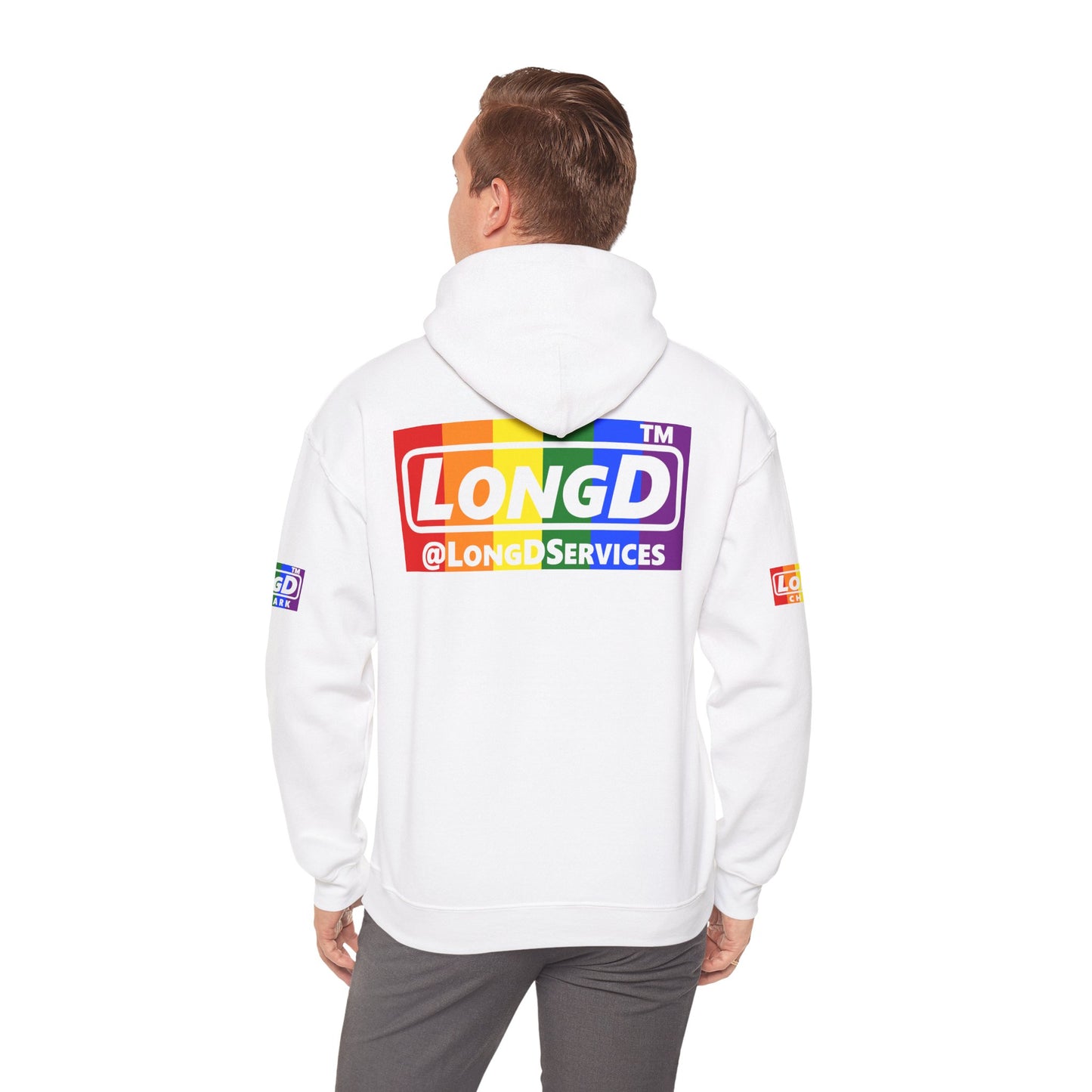 I Luv LongD® negative vertical striped 4-print Chicago logo hoodie (Pride colors)
