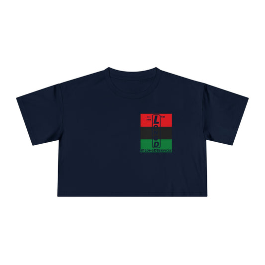 Negative horizontal 3-striped upright single-breasted tag logo crop tee (Juneteenth colors)