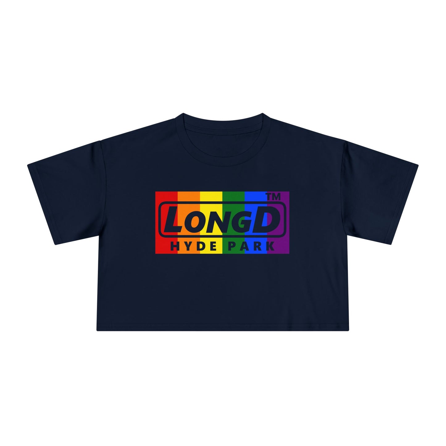 LongD negative vertical 6-striped Hyde Park logo crop tee (Pride colors)