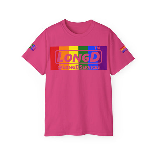 LongD negative vertical striped 4-print tag logo cotton tee (Pride colors)