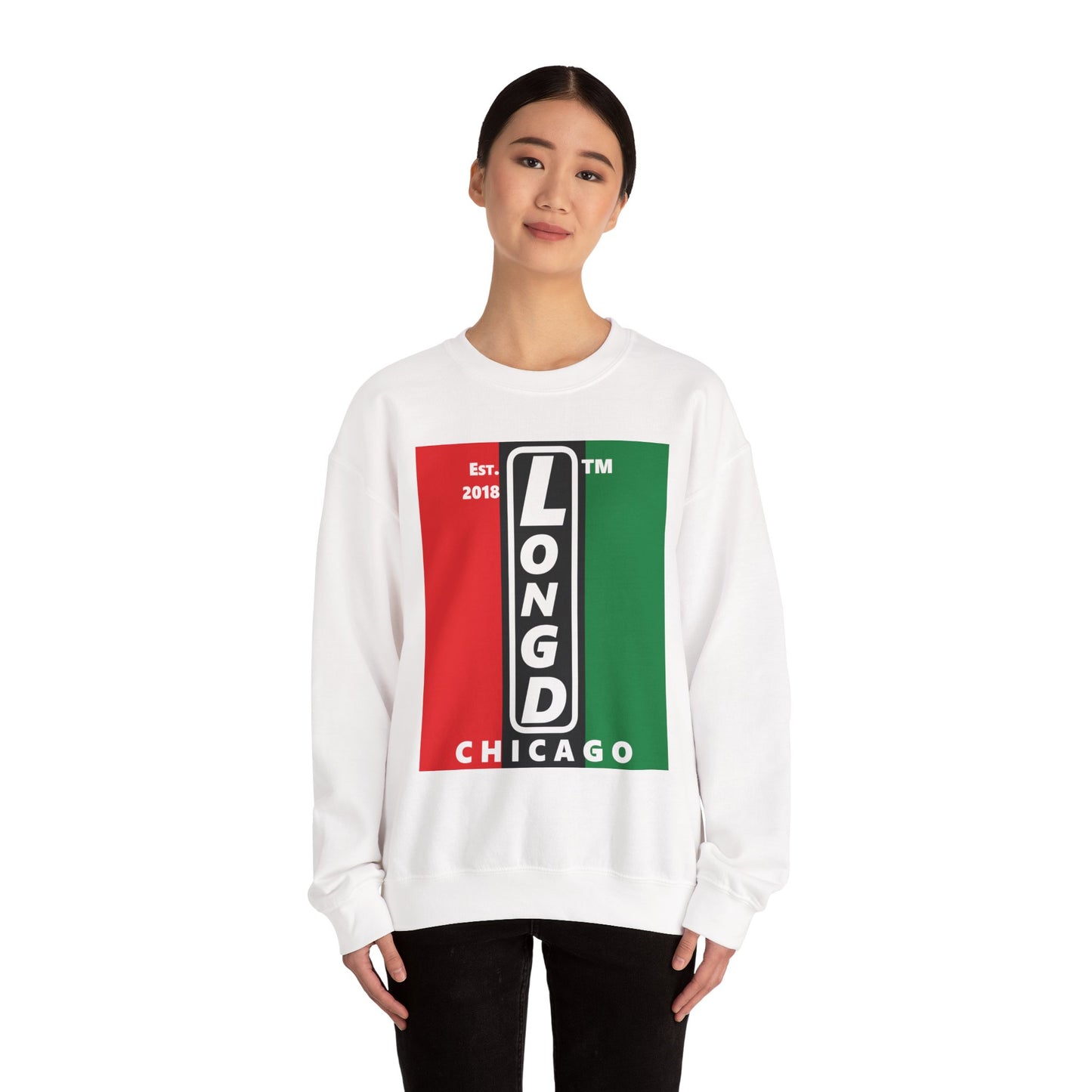 LongD negative vertical 3-striped Chicago upright logo crewneck sweatshirt (Juneteenth colors)